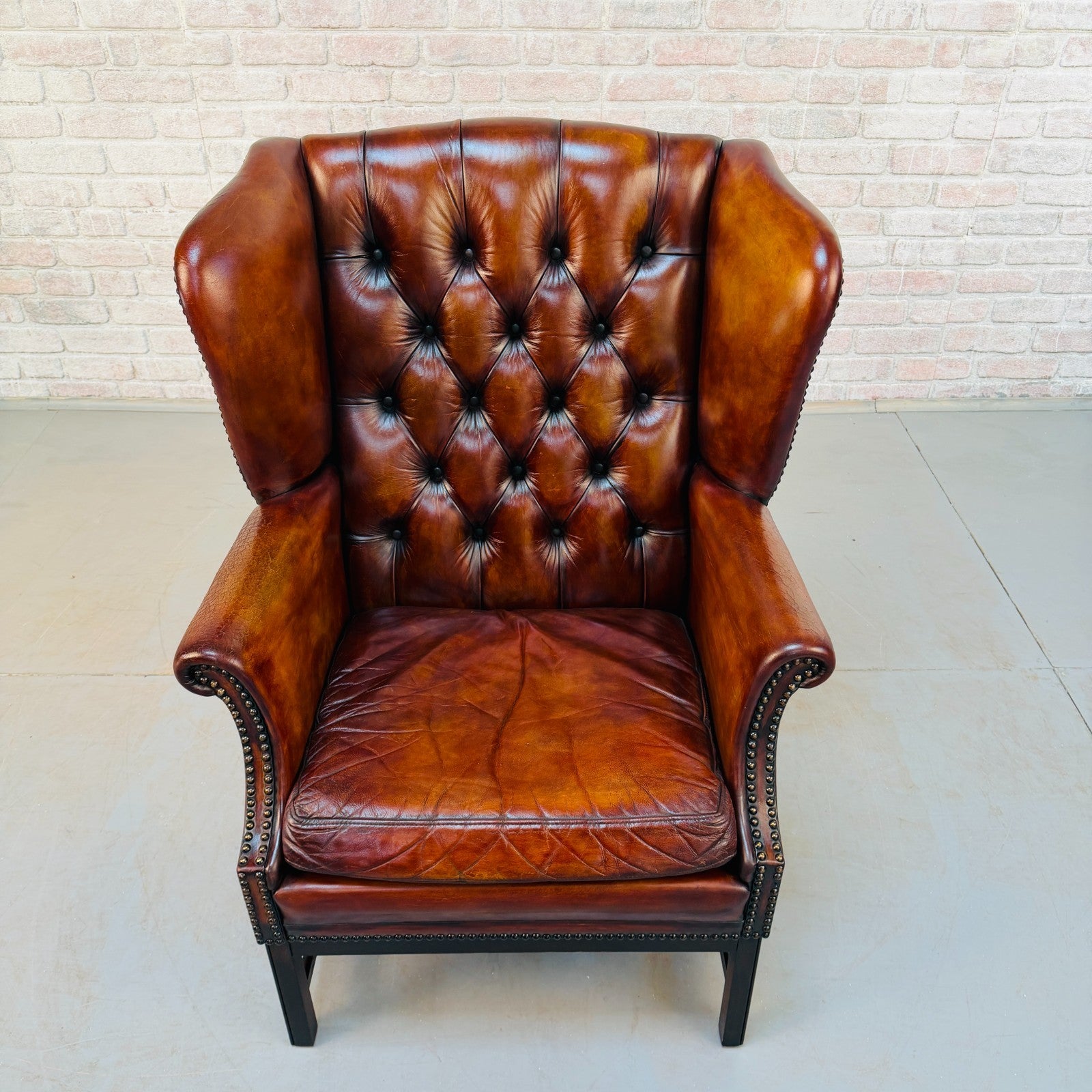 Vintage Danish Tan Hand-Dyed Leather Wingback Chair
