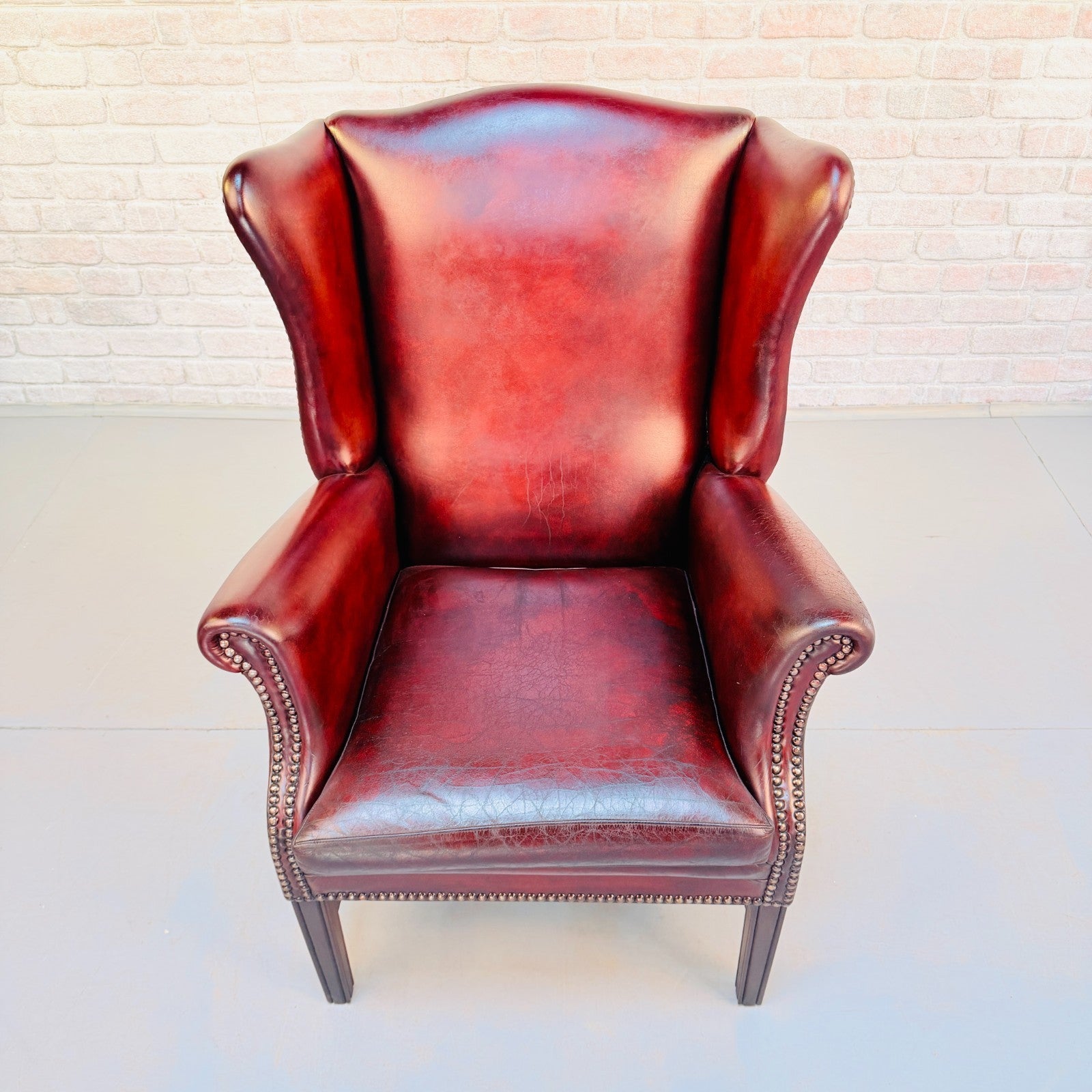Vintage Danish Deep Red Leather Wingback Chair Hand Dyed Chestnut Patina
