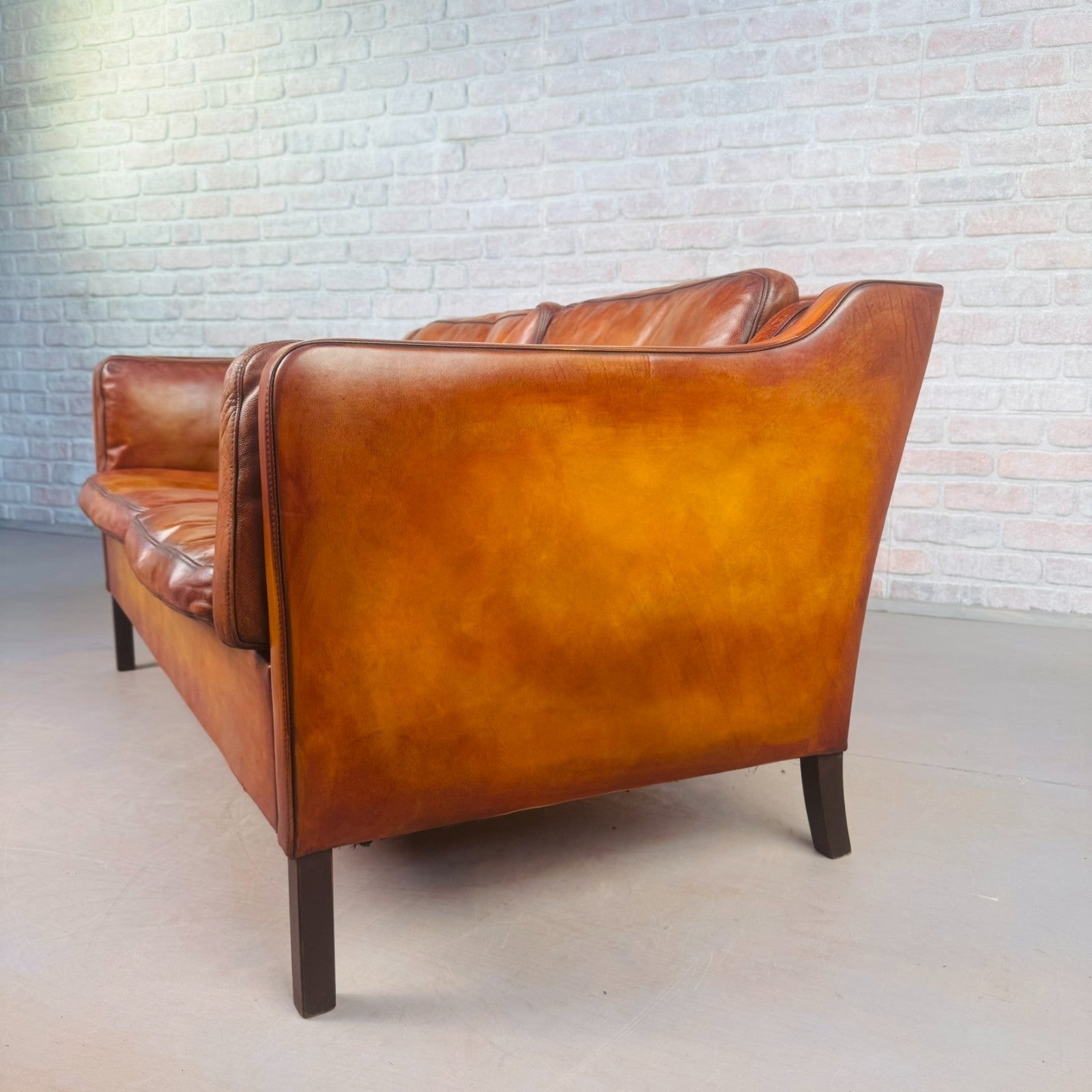 Vintage Danish Tan Leather Two-Seater Sofa 1970s Mid Century Hand Dyed