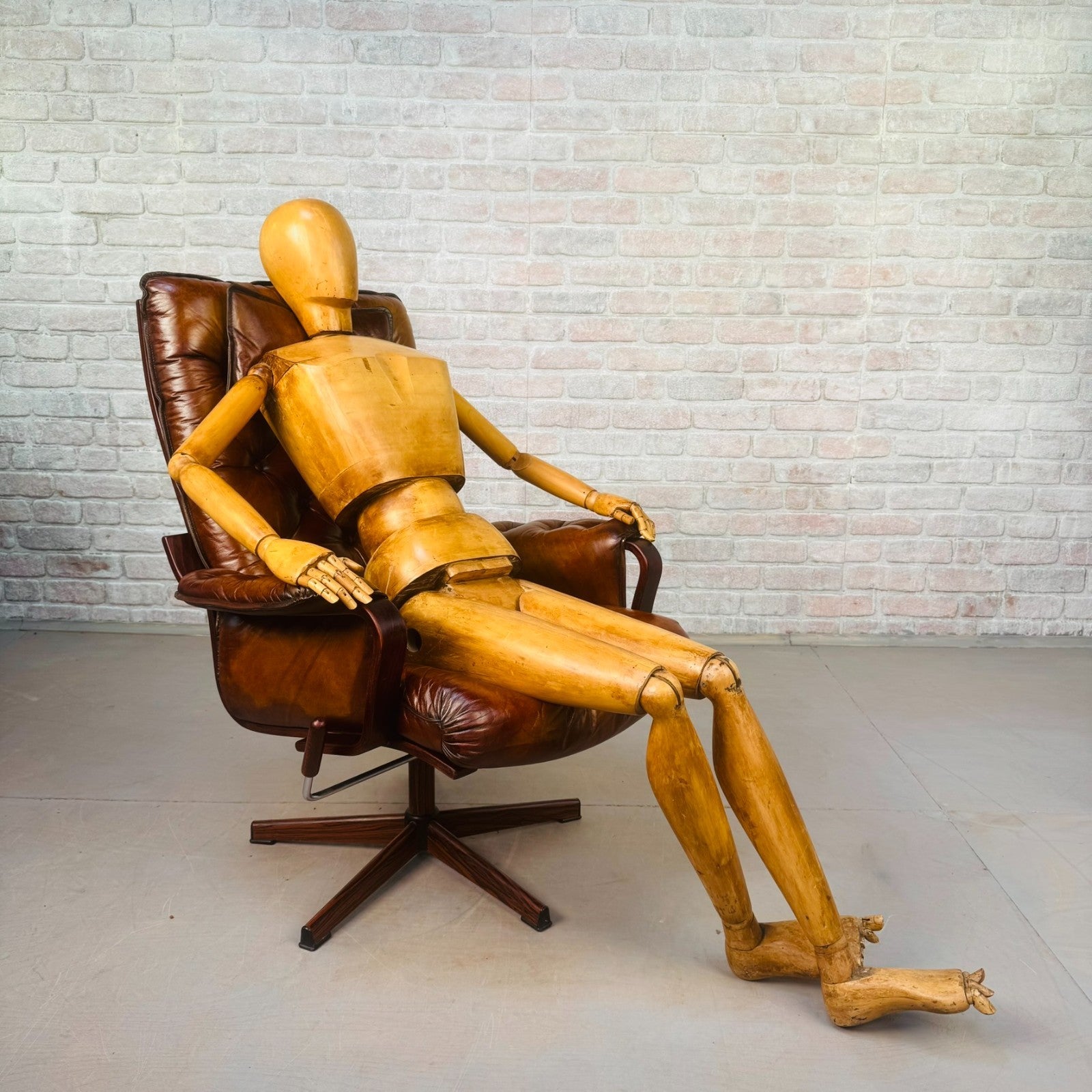 Vintage Scandinavian Tan Leather Swivel Chair