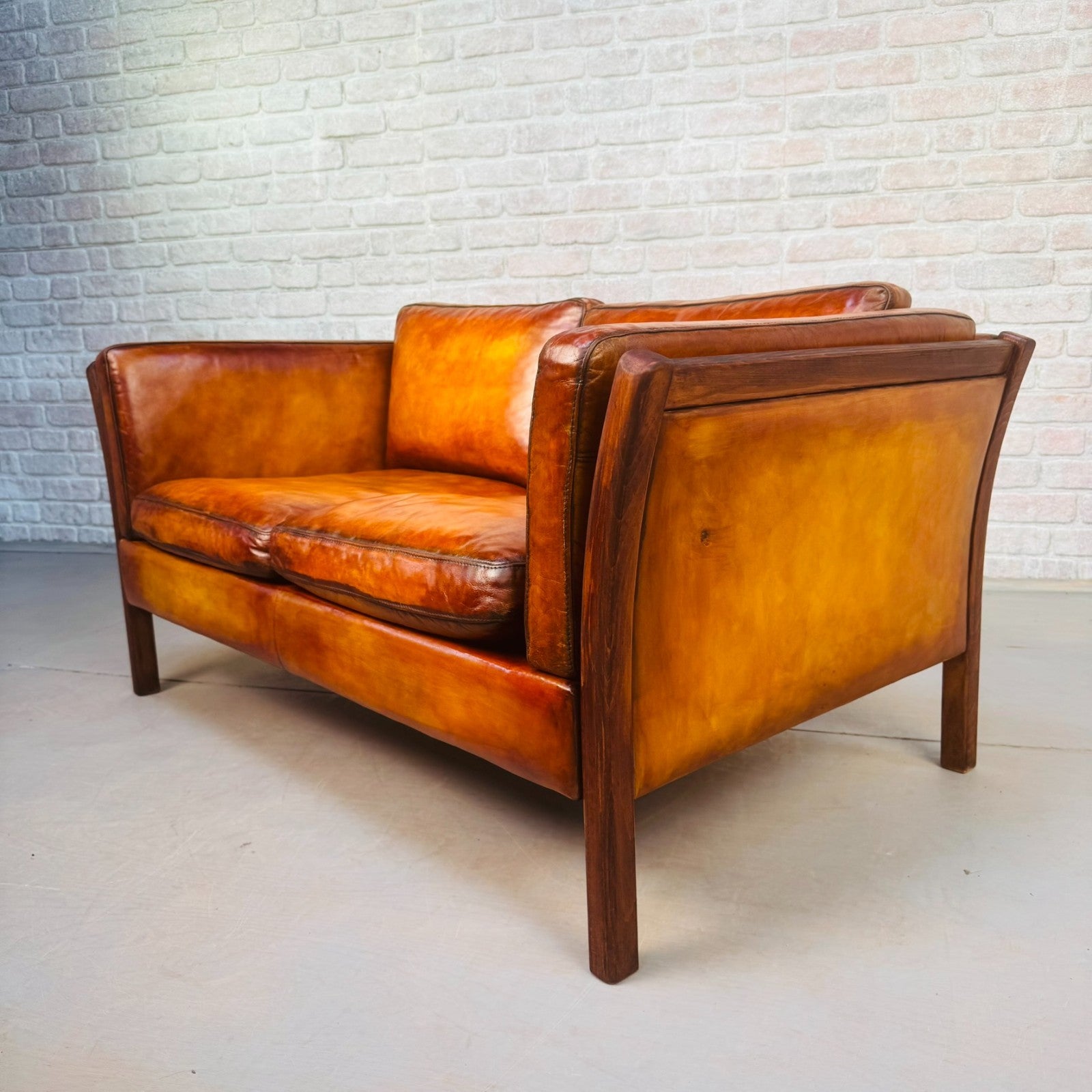 Vintage Danish Stouby Tan Leather Two Seater Sofa