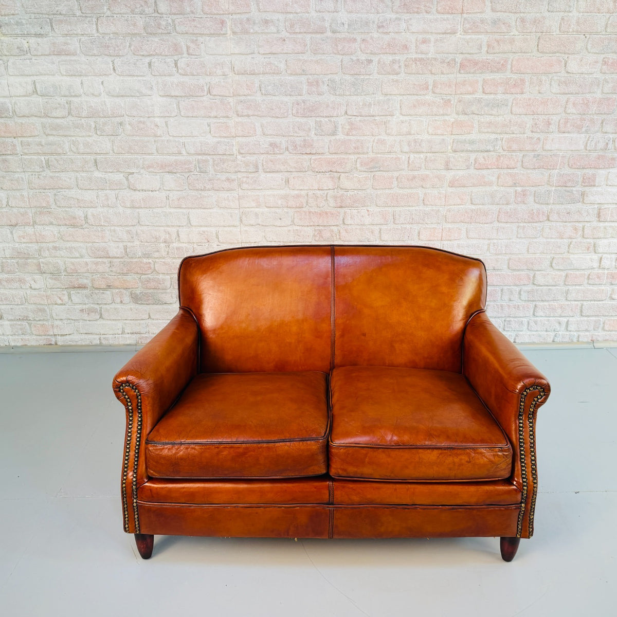 Vintage English Club Cognac Leather 2 Seater Sofa & Armchair Suite