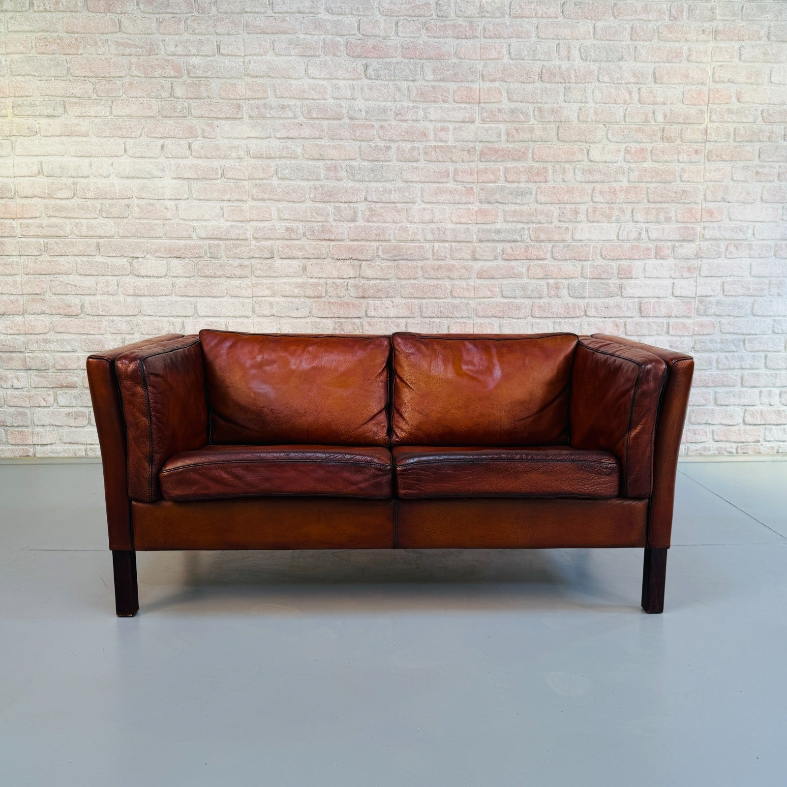 Vintage 1970s Danish Tan Leather Box Two Seater Sofa