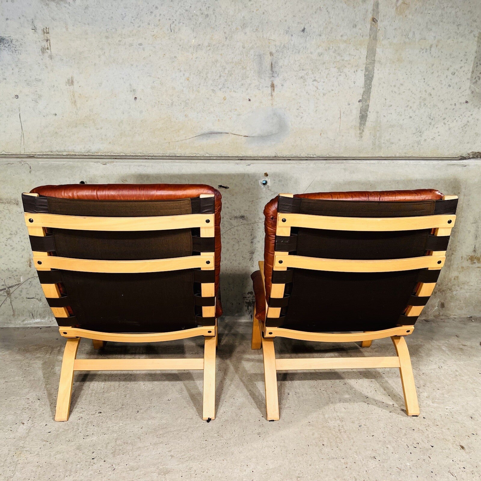 Wide Back Vintage 1970s Danish Cognac Leather Birch Bentwood Pair of Chairs