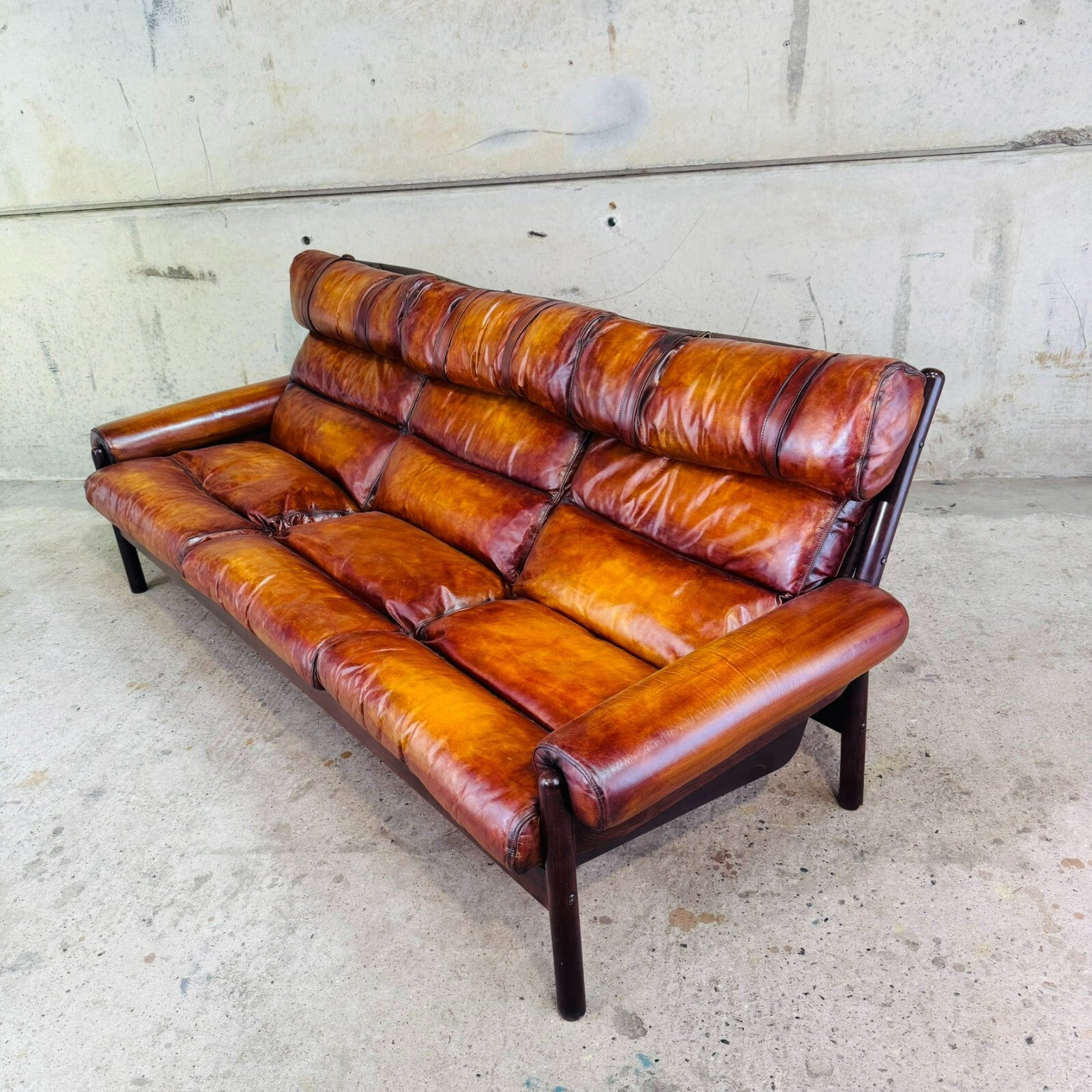 Vintage 70s Swedish Arne Norell Safari Three-Seater Tan Leather Sofa