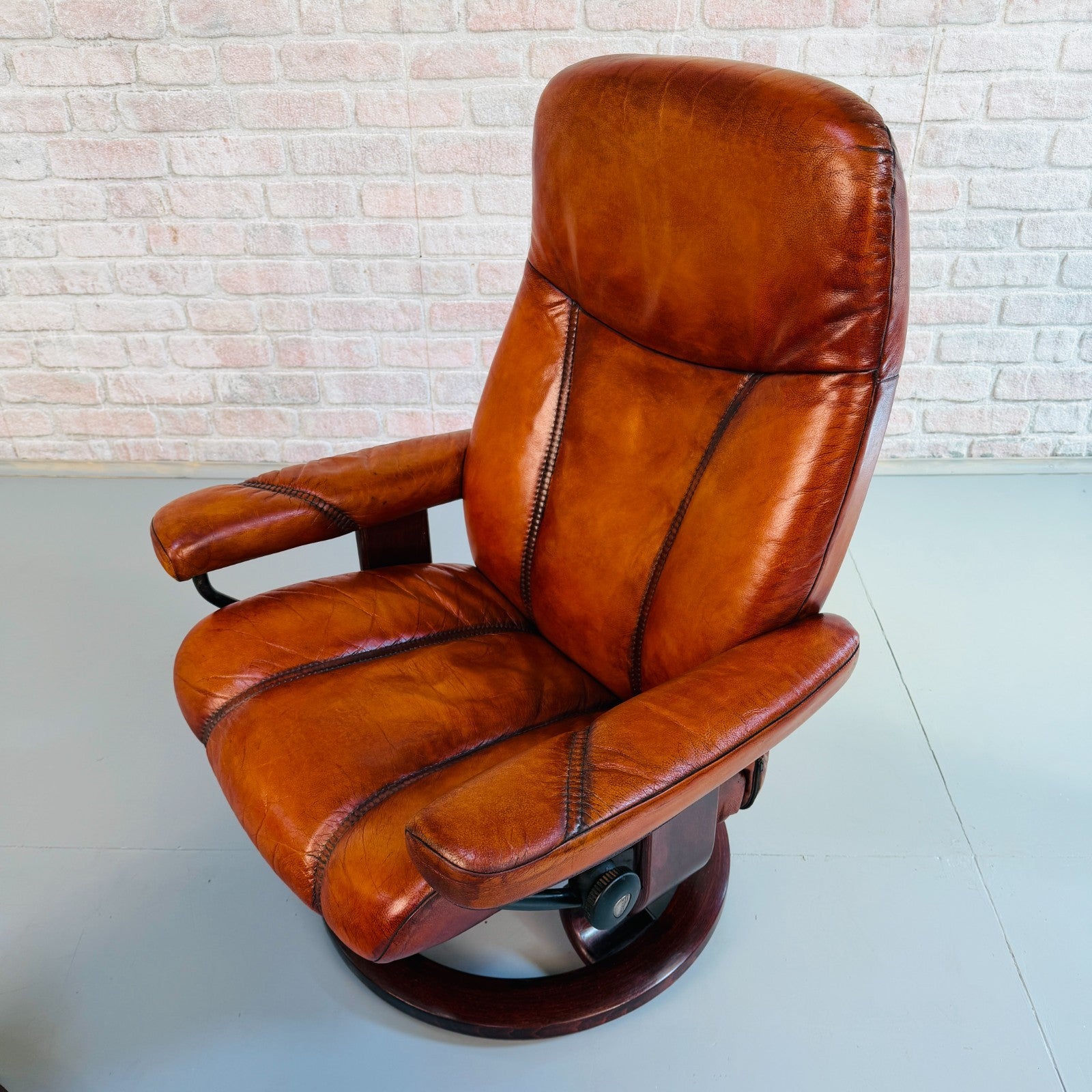 Vintage Danish Ekornes Reclining Swivel Armchair Tan Leather with Footstool