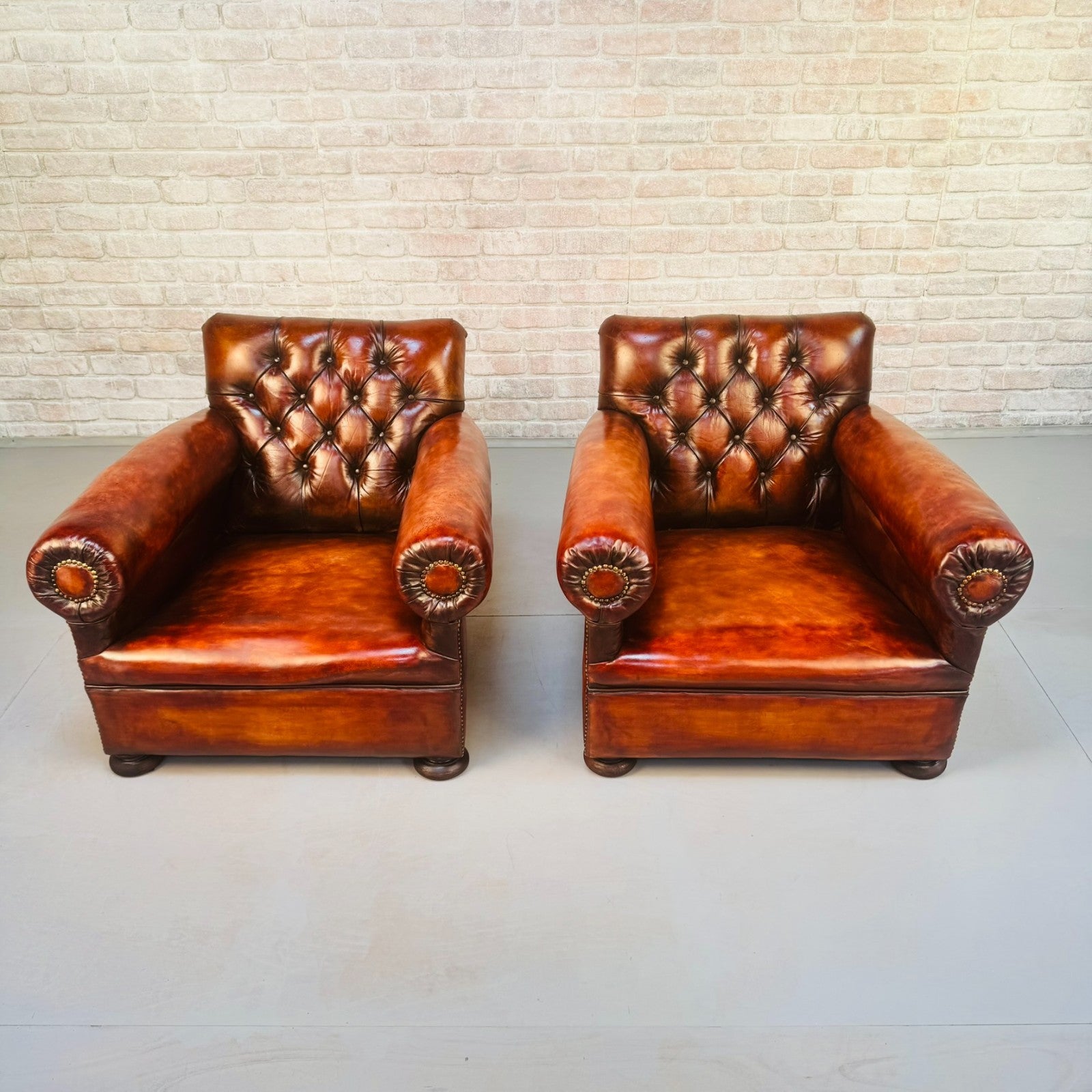 Pair 1920s English Cognac Leather Club Chairs Deep Seated Armchairs