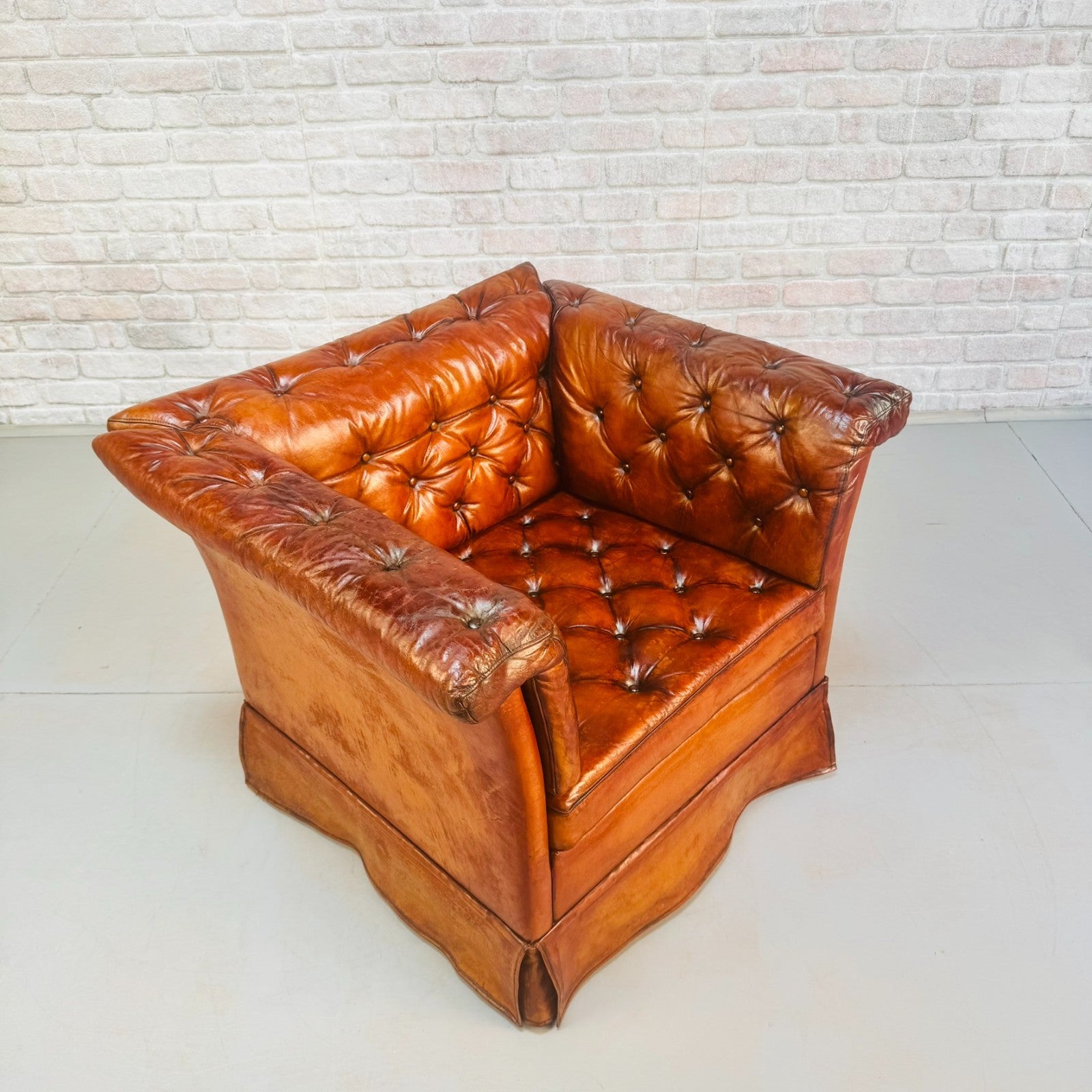 Vintage 1970s Danish Buttoned Tan Leather Armchair