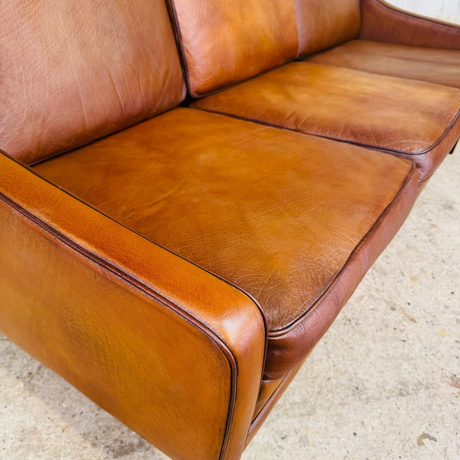 Vintage 1960s Danish Tan Leather Three-Seater Sofa