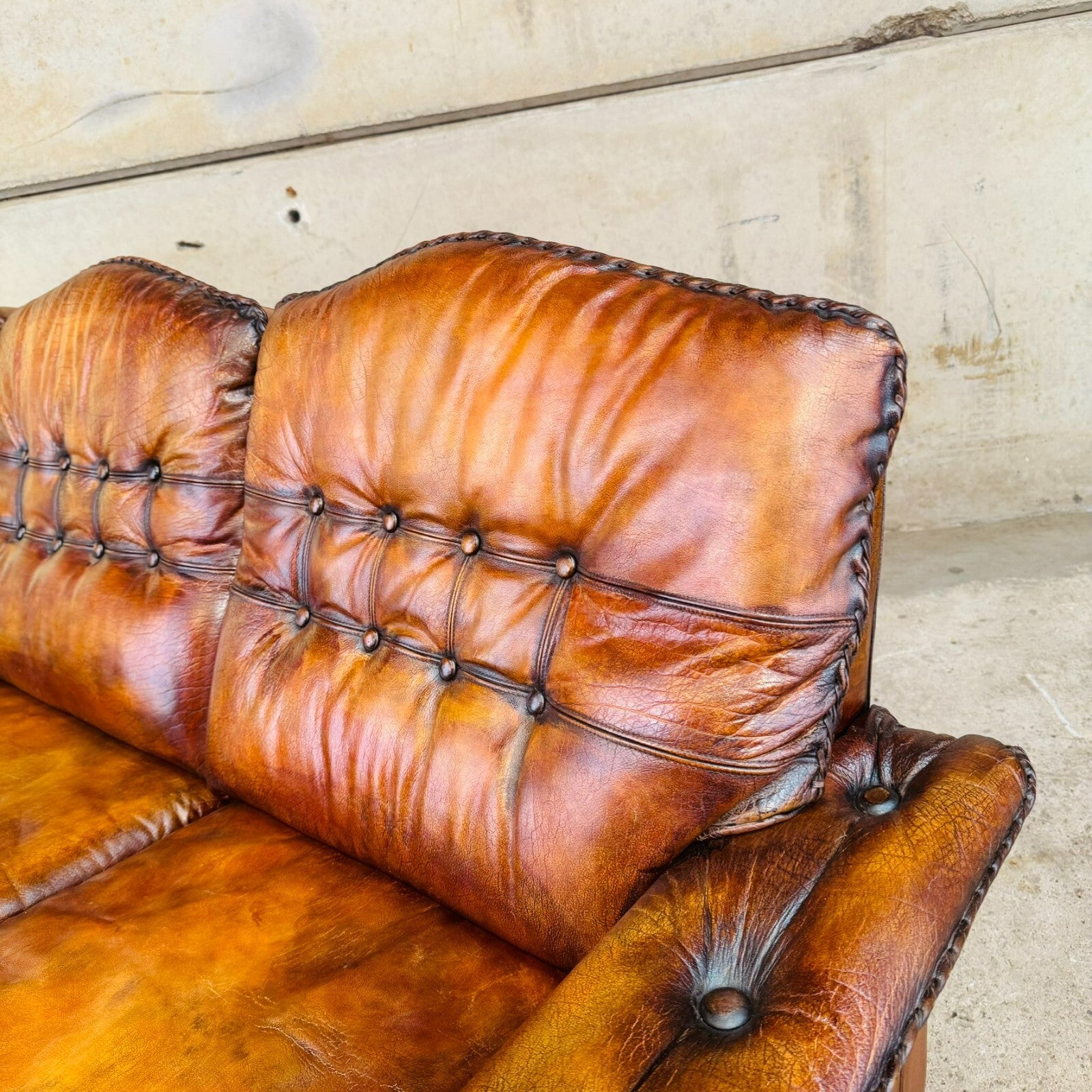 1970s Danish Rustic Tan Leather Three-Seater Sofa – Full Grain Buffalo