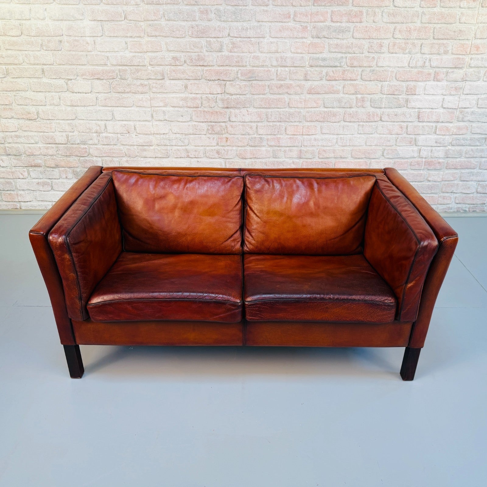 Vintage 1970s Danish Tan Leather Box Two Seater Sofa