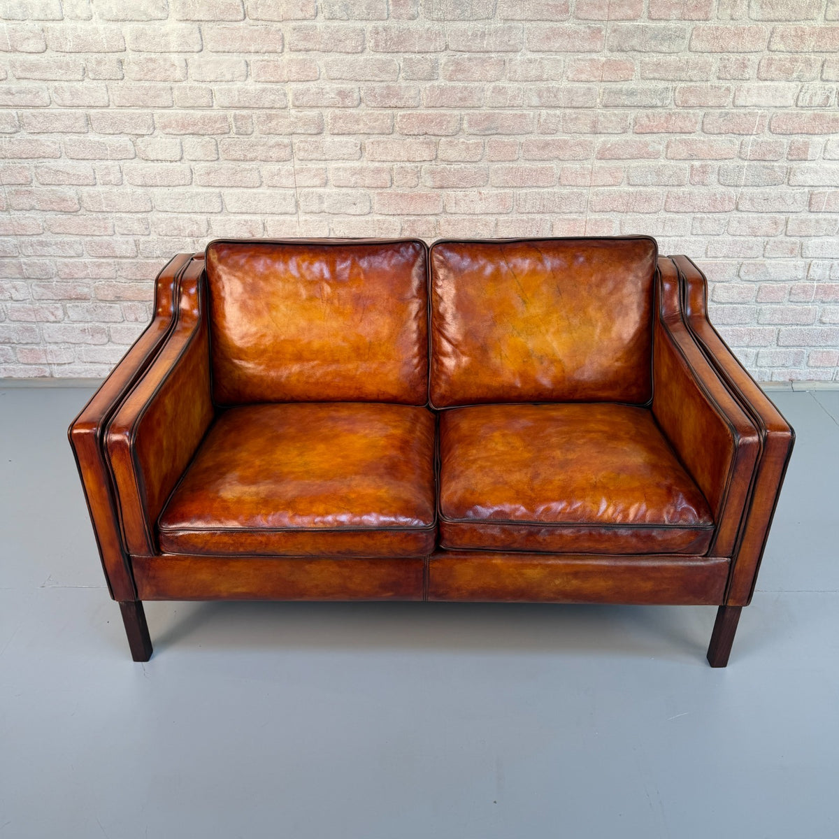 Vintage Stouby Borge Mogensen Style Tan Leather 2 Seater Danish Sofa