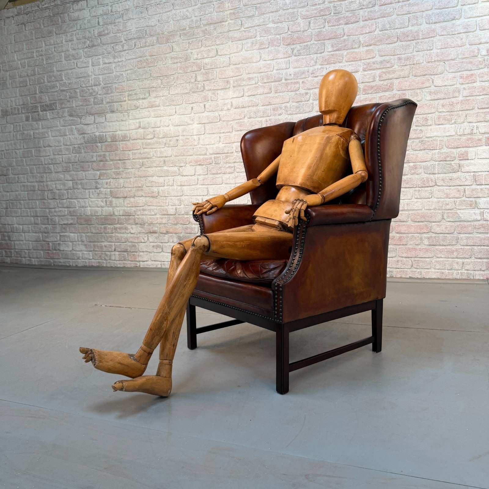 Vintage Danish Tan Hand-Dyed Leather Wingback Chair