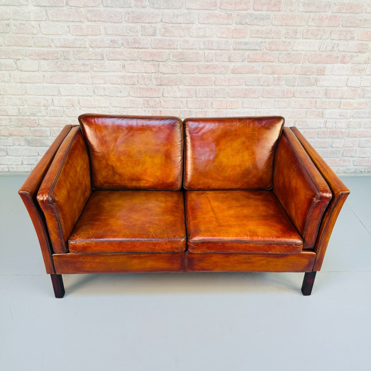 Vintage Danish Tan Leather 2 Seater Sofa – Mid Century Modern Hand Dyed Patina