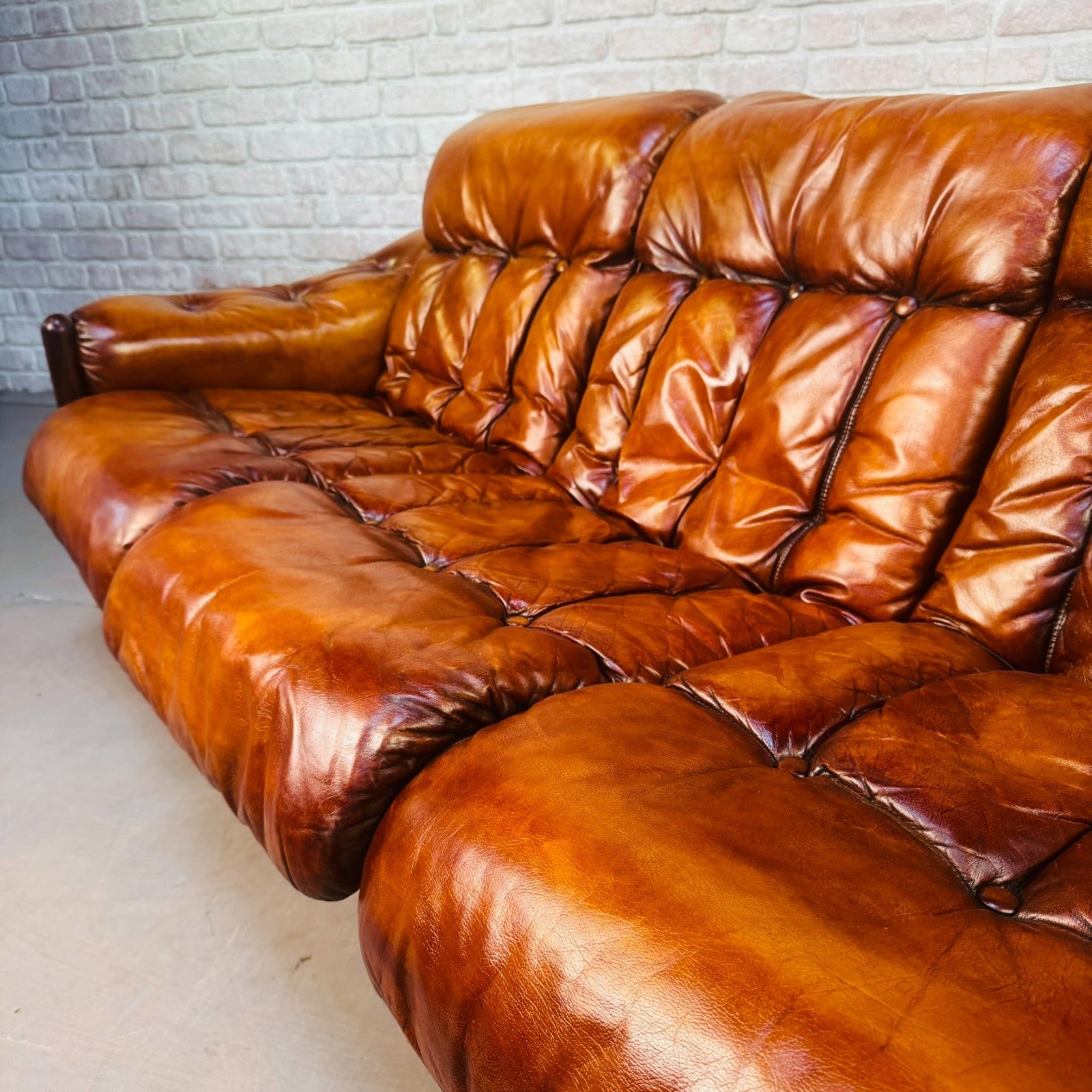 Long Vintage Swedish Tan Leather Three Seater Sofa