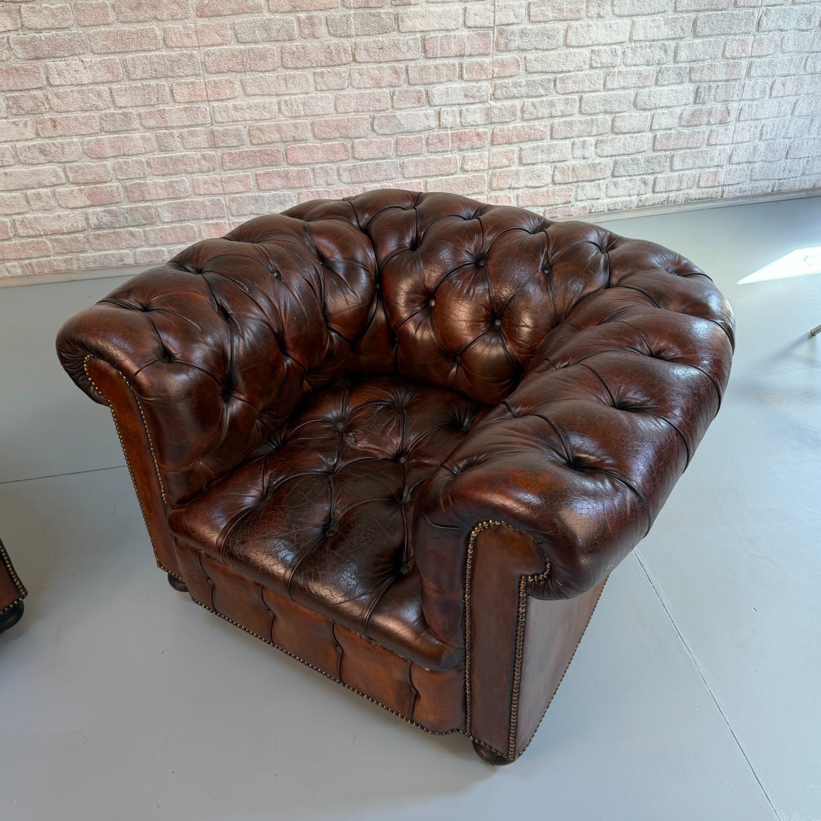 Vintage Pair of Chesterfield Dark Tan Leather Lounge Chairs – Circa 1950