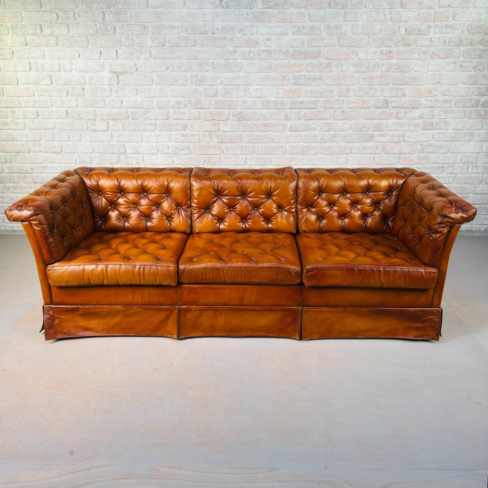 Vintage Danish Tan Leather Three Seater Sofa Fully Buttoned