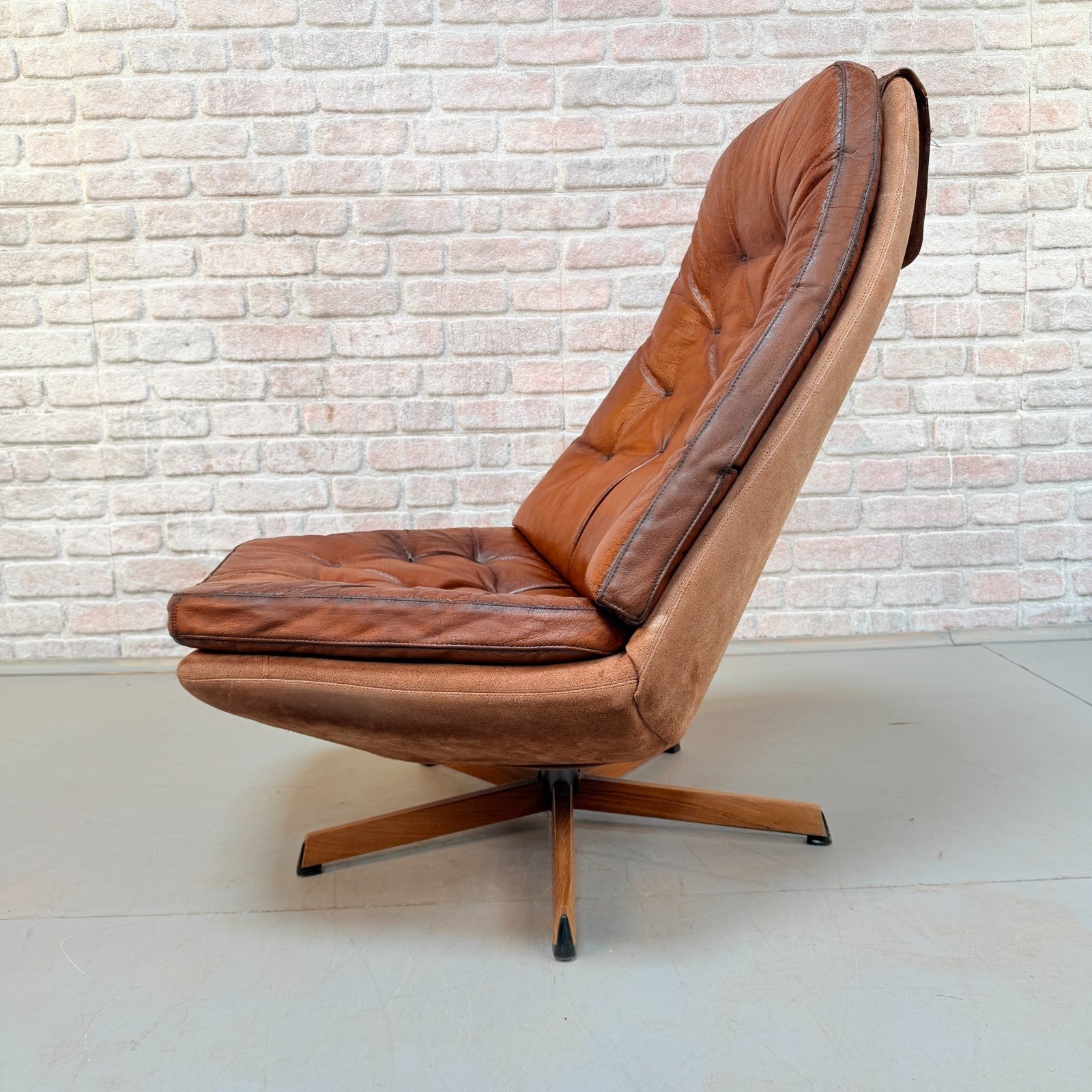 1960s Pair of Madsen & Schubell MS68 Cognac Leather Lounge Chairs & Footstools