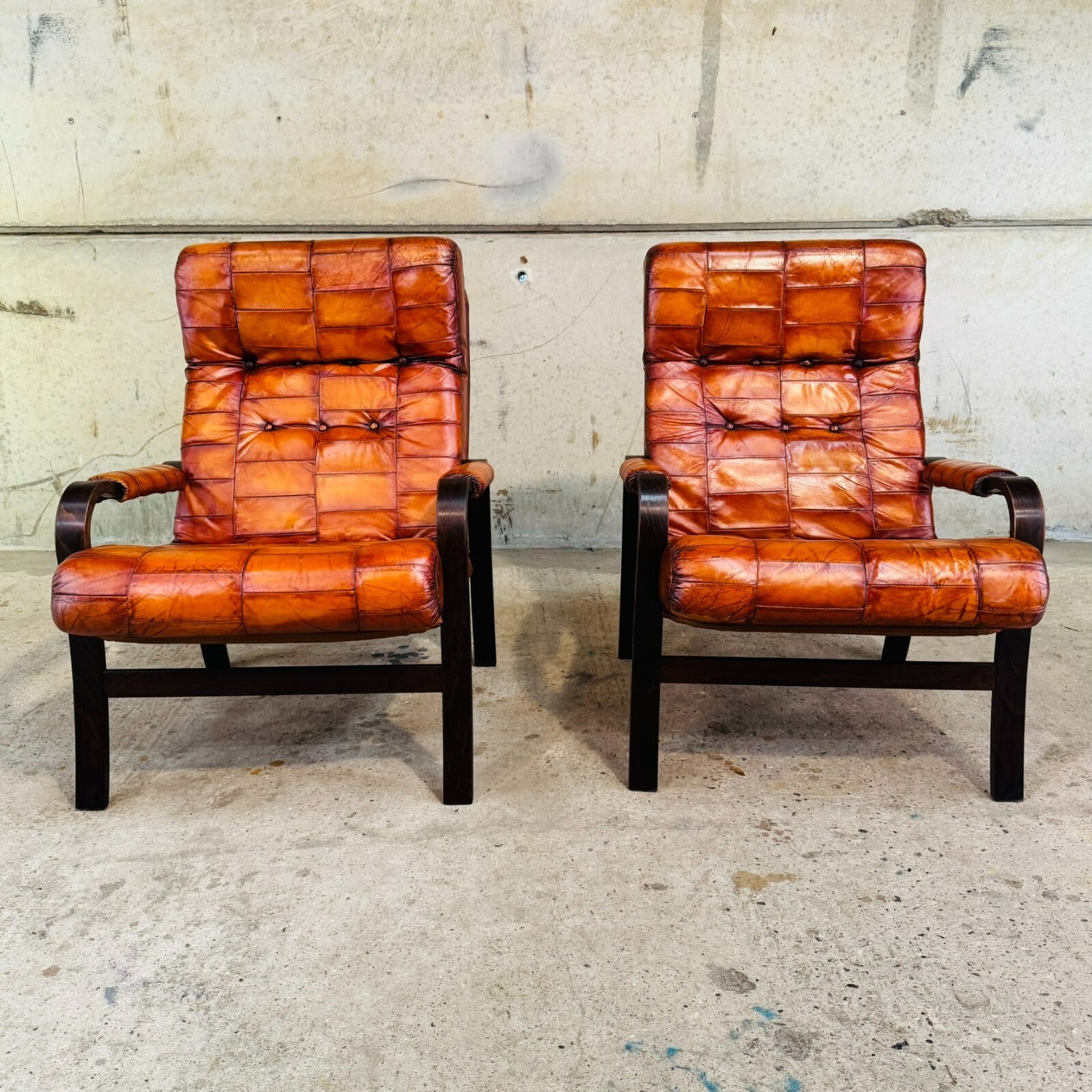 Pair of 1970s Danish Vintage Patchwork Tan Leather Bentwood Chairs