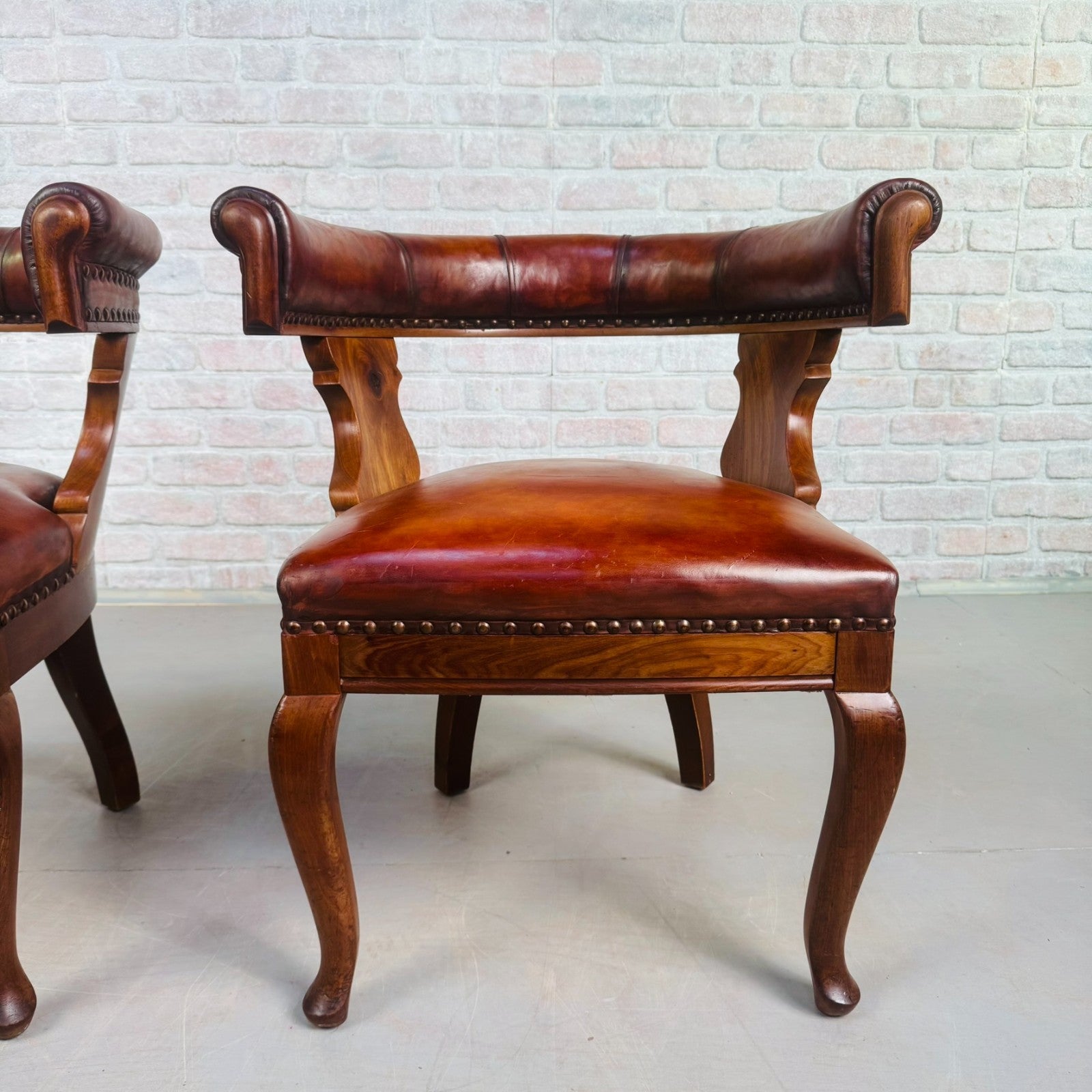 Pair of 40s Antique Danish Tan Leather Partner’s Desk Chairs Walnut Frame
