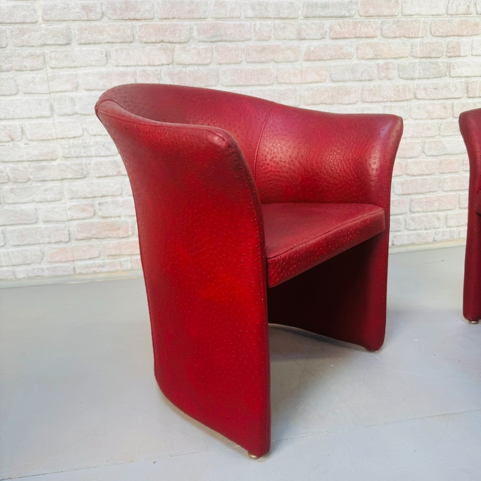 Set of Vintage Italian Red Faux Ostrich Leather Tub Chairs