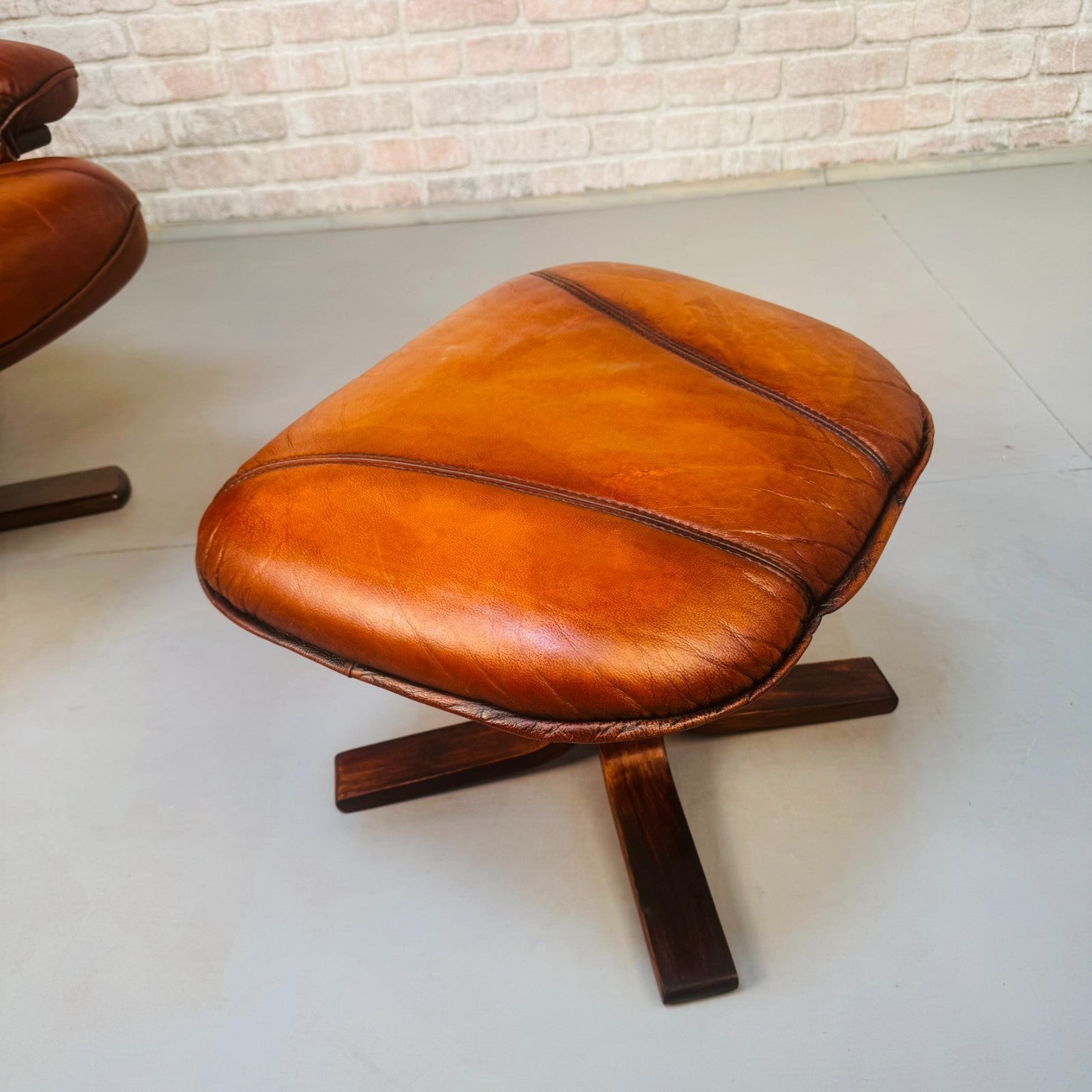Vintage Danish Tan Leather Reclining Chair & Matching Footstool