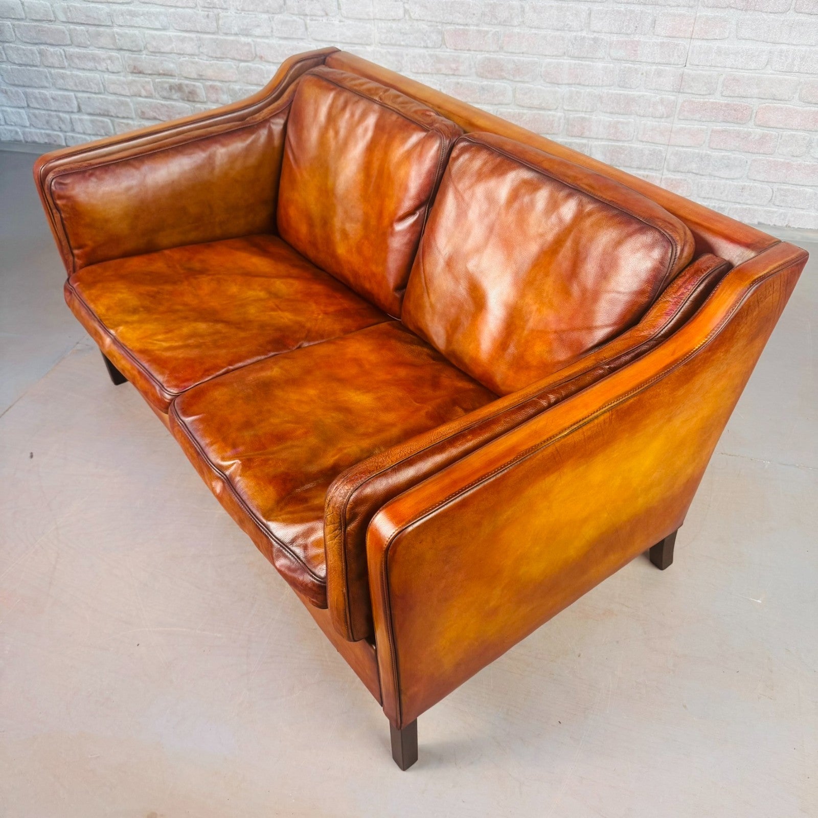 Vintage Danish Tan Leather Two-Seater Sofa 1970s Mid Century Hand Dyed