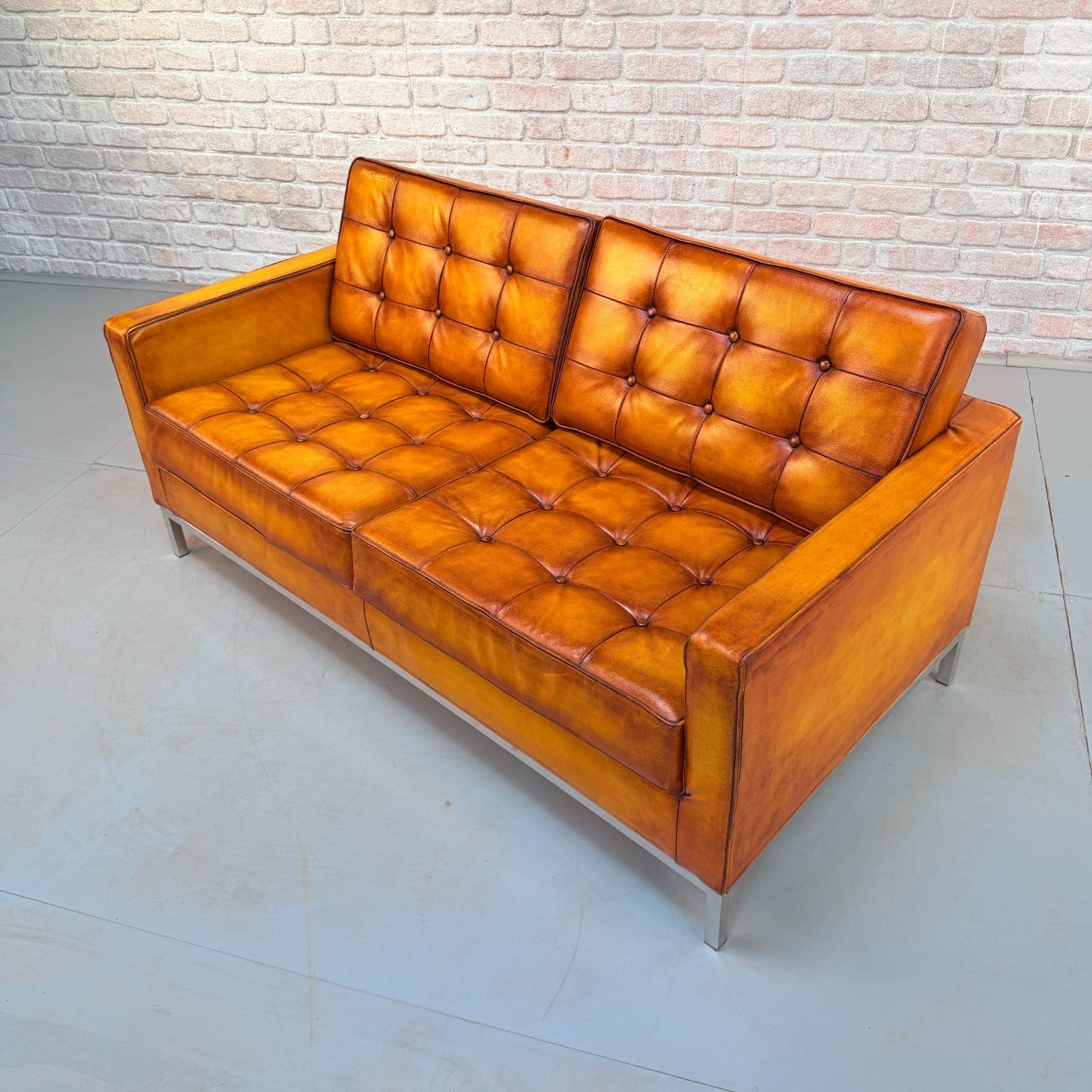 Vintage Florence Knoll Style Tan Leather Two Seater Sofa