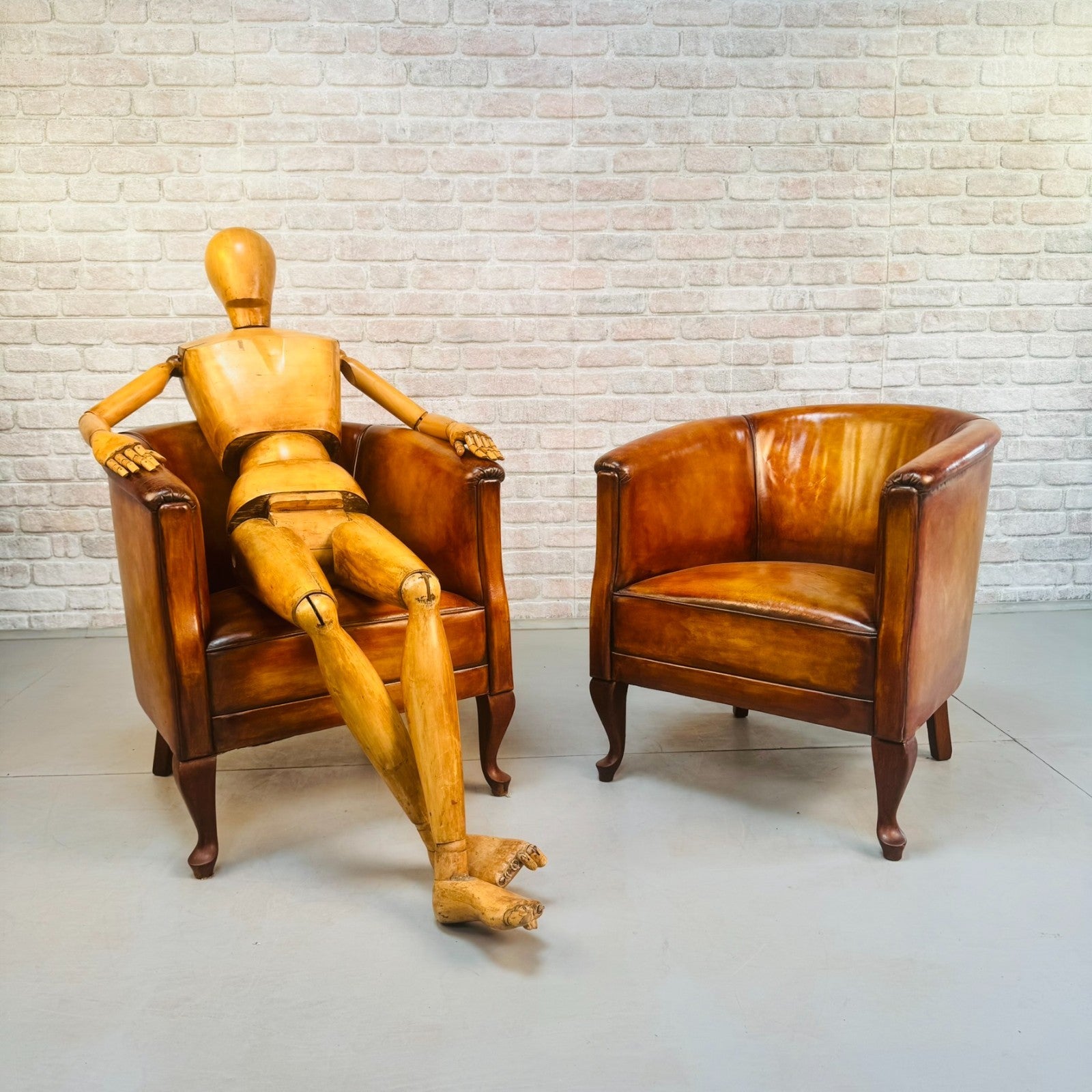 Vintage Pair of Danish Light Tan Leather Tub Chairs