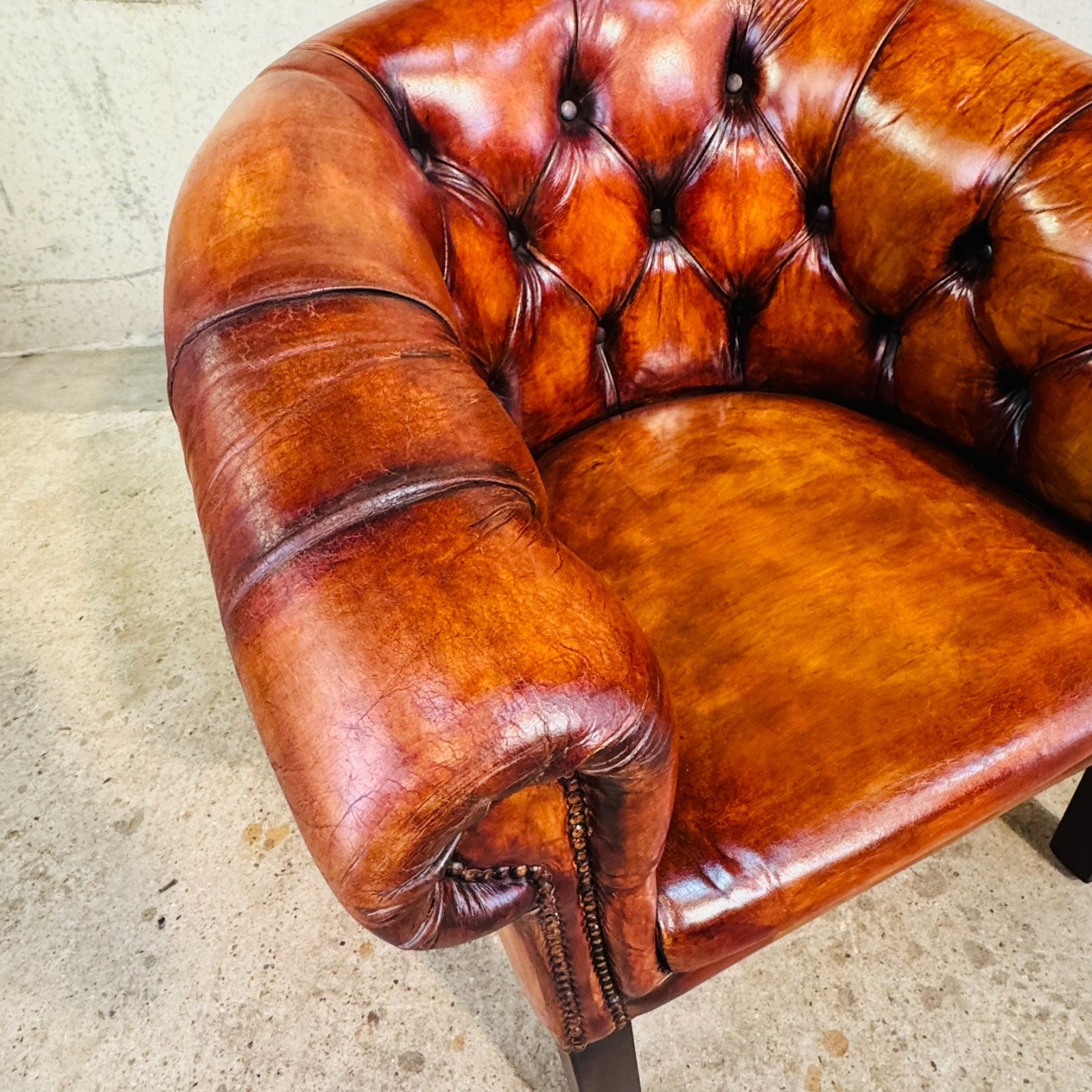 Pair of Elegant English Made Vintage Chesterfield Tan Leather Tub Chairs