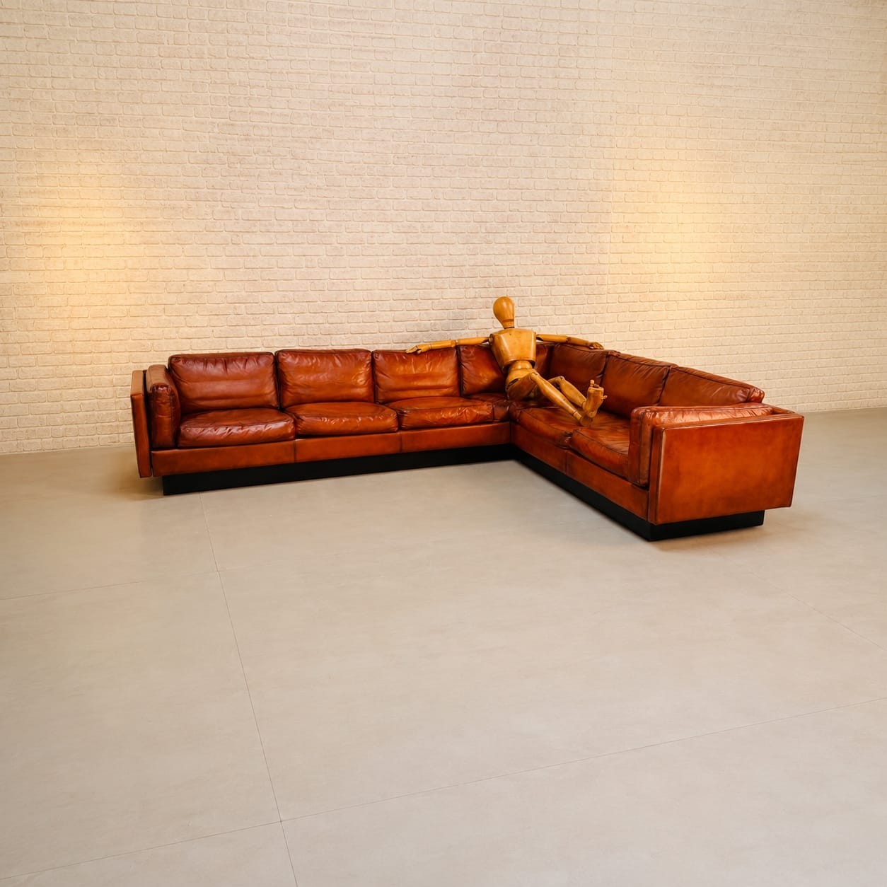 Large Vintage 1970s Danish Tan Leather Corner Sofa Hand Dyed Cognac Patina