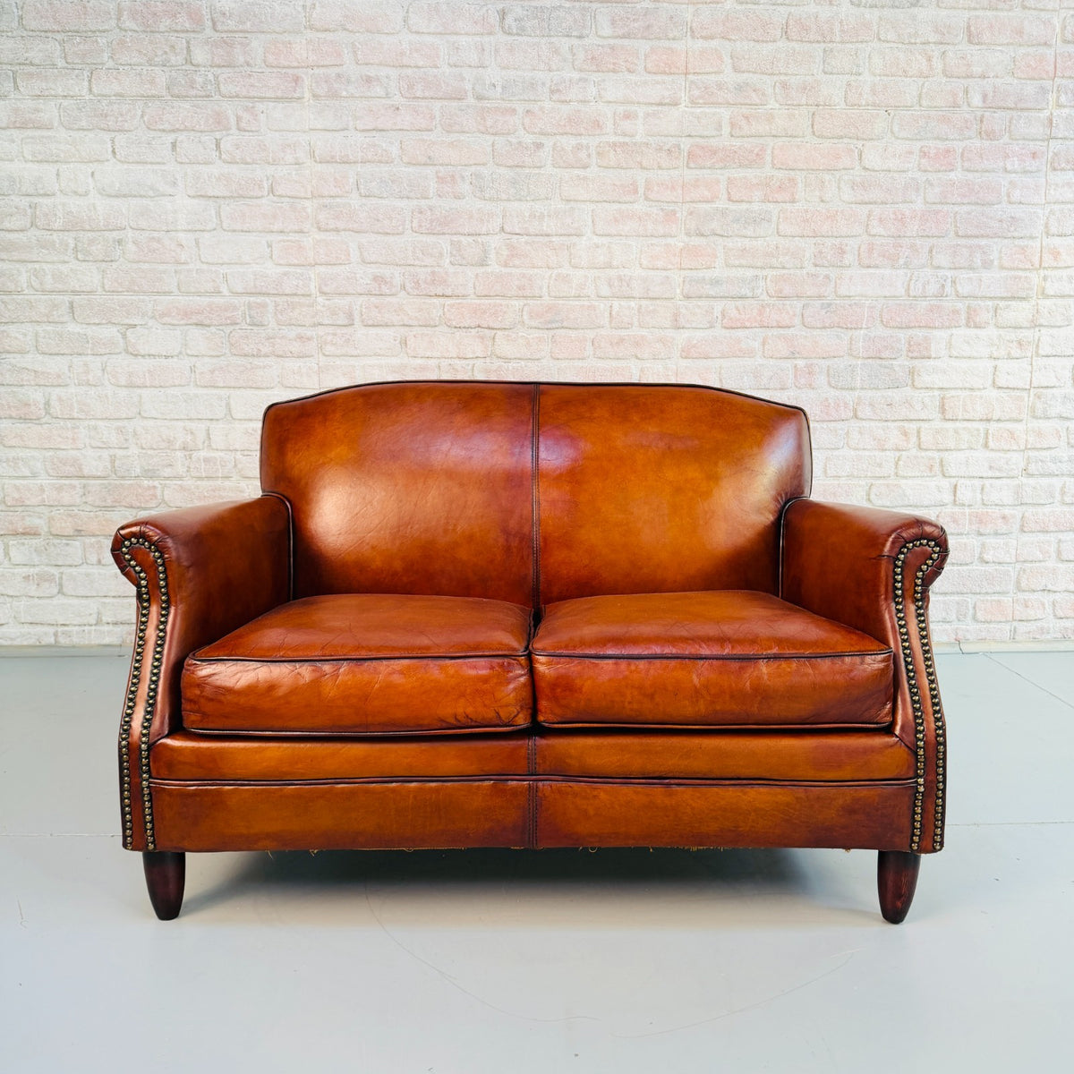 Vintage English Club Hand Dyed Cognac Tan Leather 2 Seater Sofa