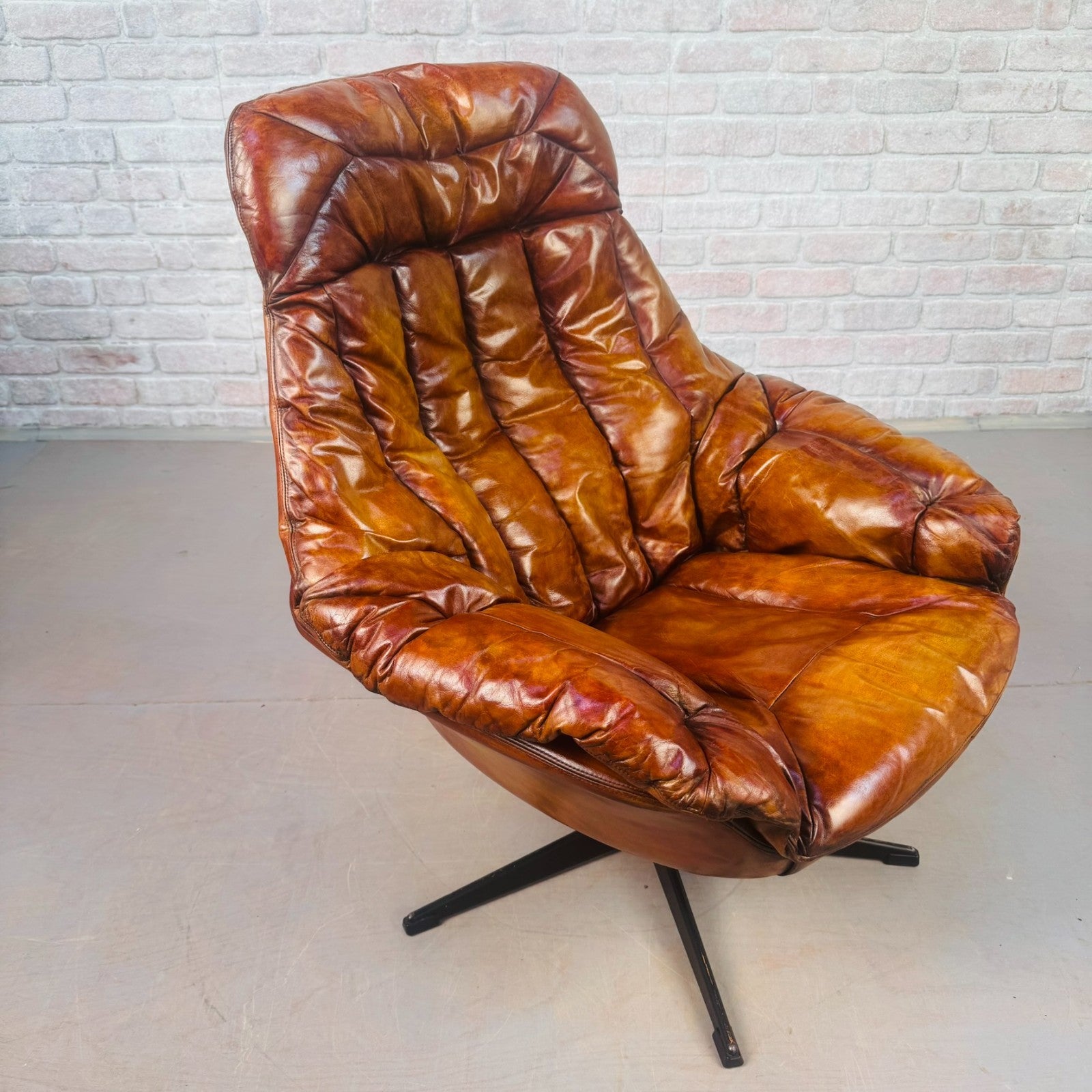 Vintage Danish H.W. Klein Egg Chair by Bramin Tan Leather Swivel Mid Century