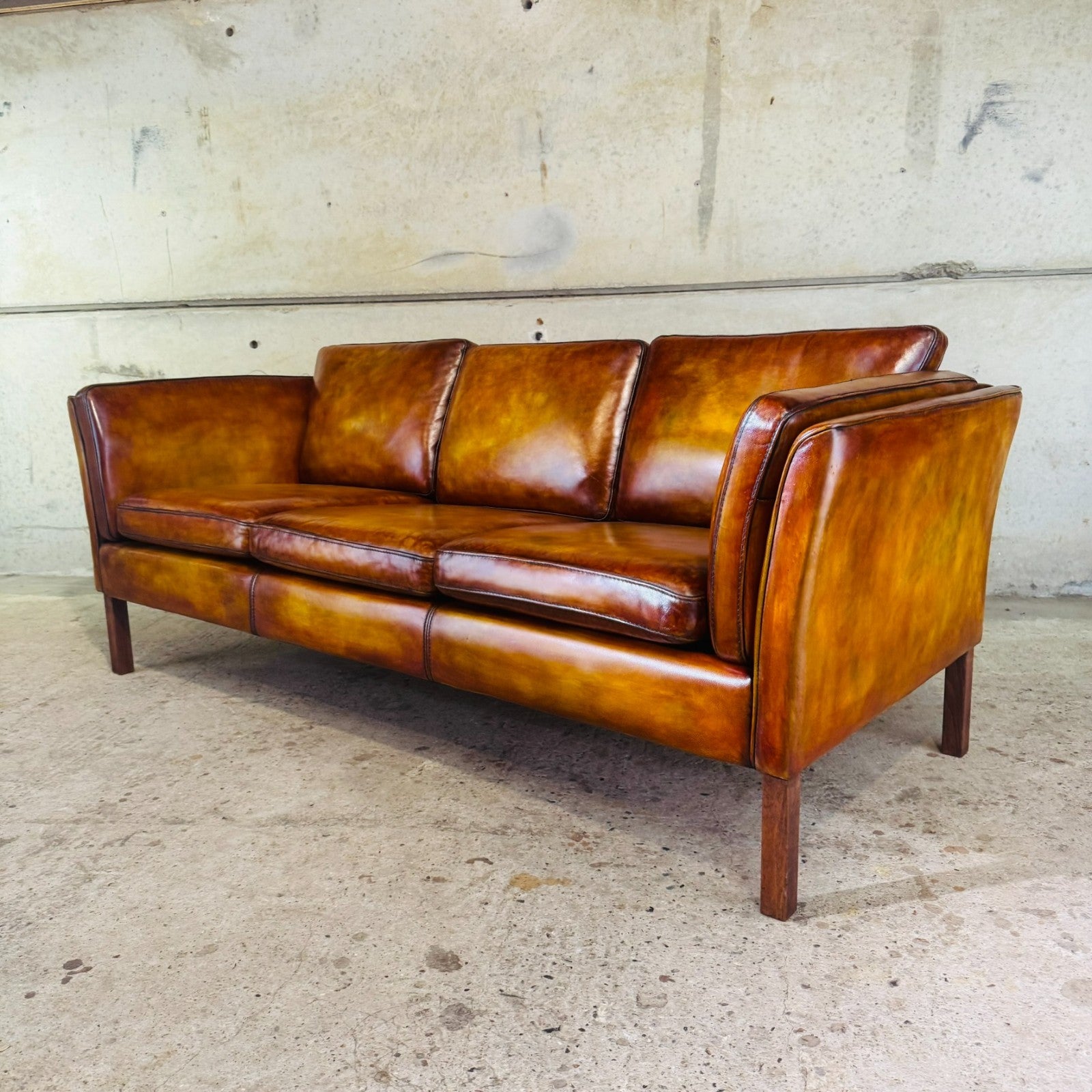 Vintage Danish Light Tan Leather Three-Seater Sofa