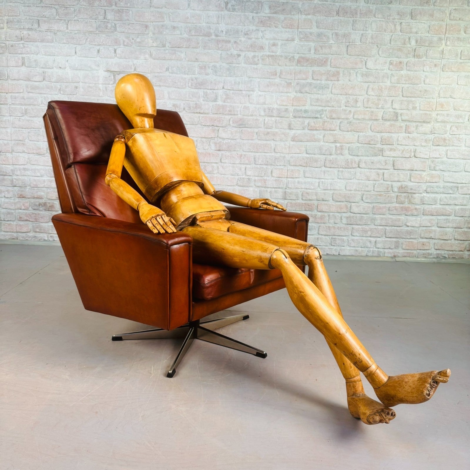 Vintage Danish Tan Leather Swivel Armchair