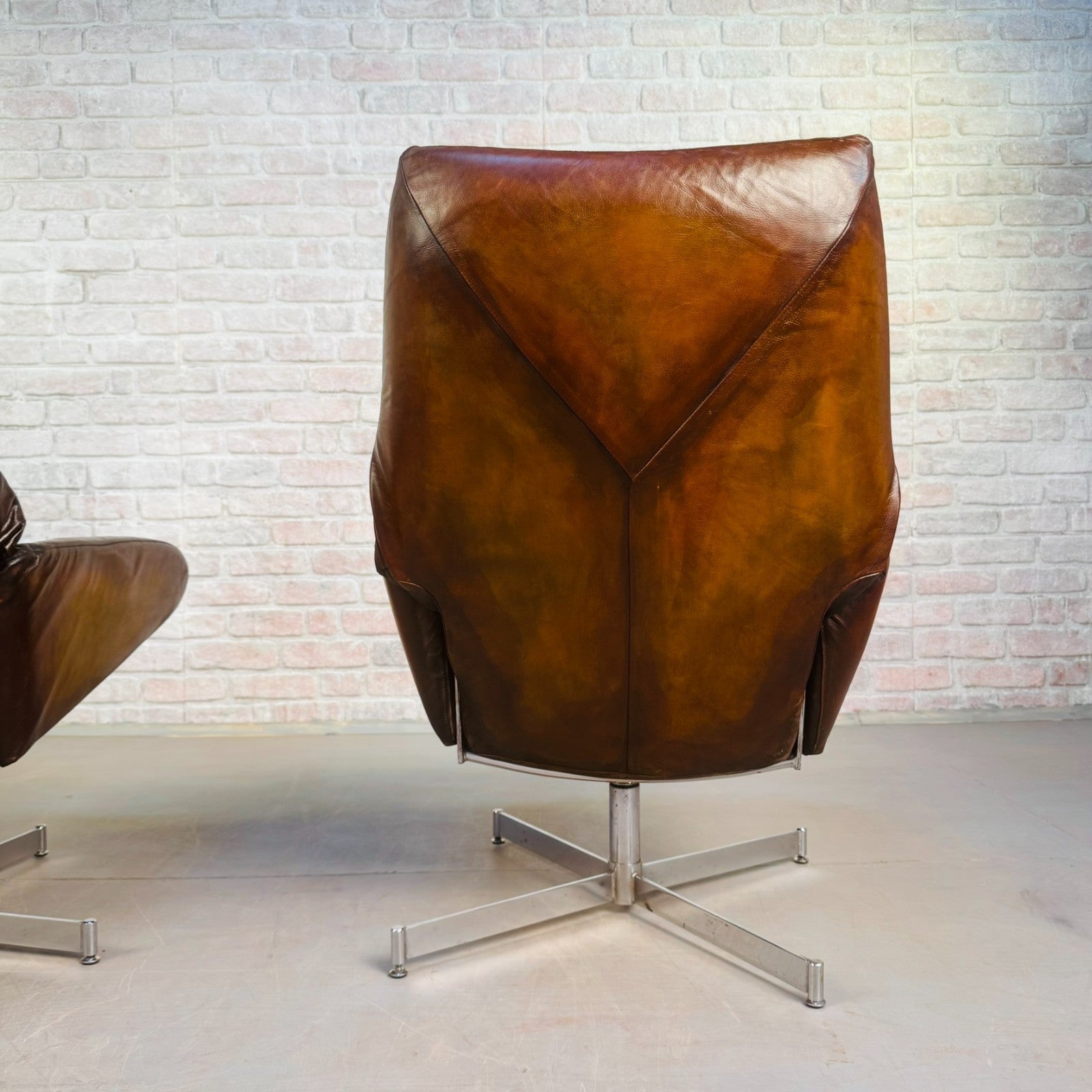 Stylish Vintage Danish Tan Leather Swivel Reclining Armchairs – Beautiful Patina