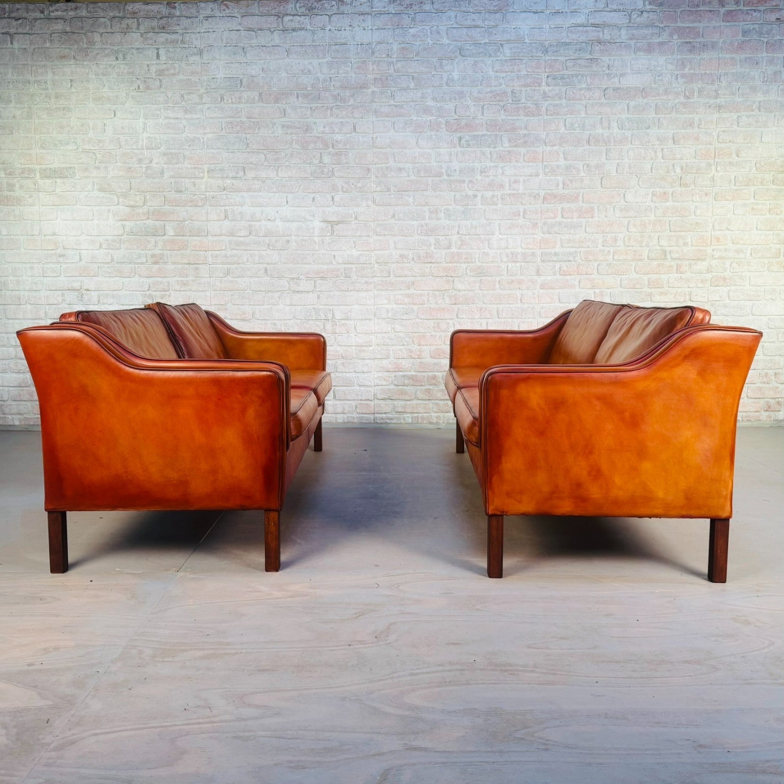 Stylish Pair of Vintage Danish Tan Leather 2.5 Seater Sofas