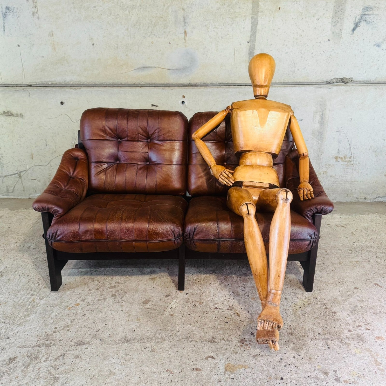 1970s Jean Gillon Brazilian Oak & Tan Leather Two-Seater Sofa — Rustic