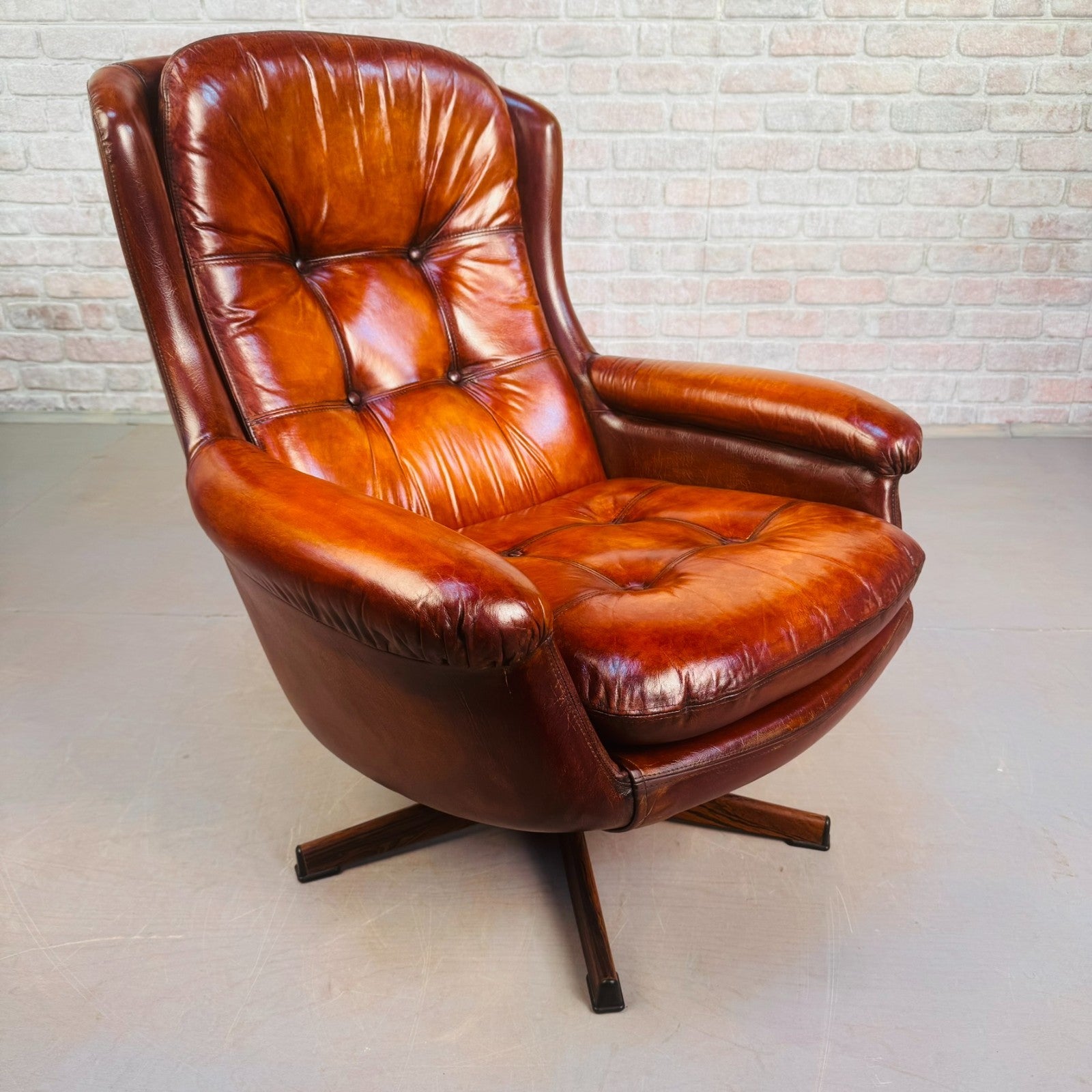 1970s Danish Egg Chair – Cognac Leather Swivel Base
