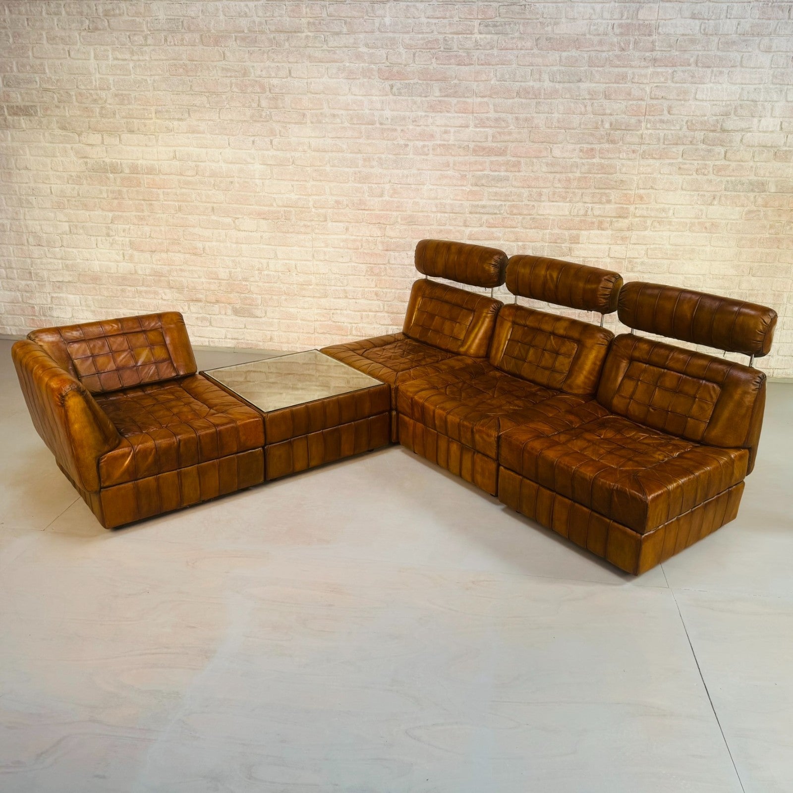 Rare Percival Lafer 60s Modular Sofa 4 Sections & Glass Top Table Tan Leather