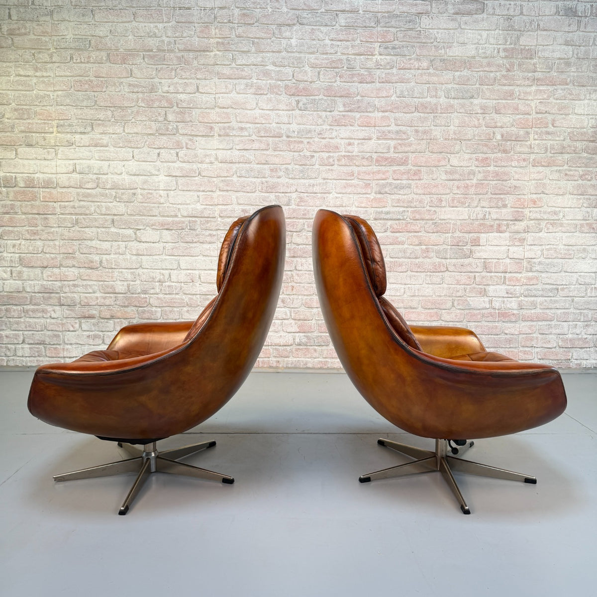 Vintage 1970s H.W. Klein Danish Tan Leather Swivel Egg Chairs & Footstool