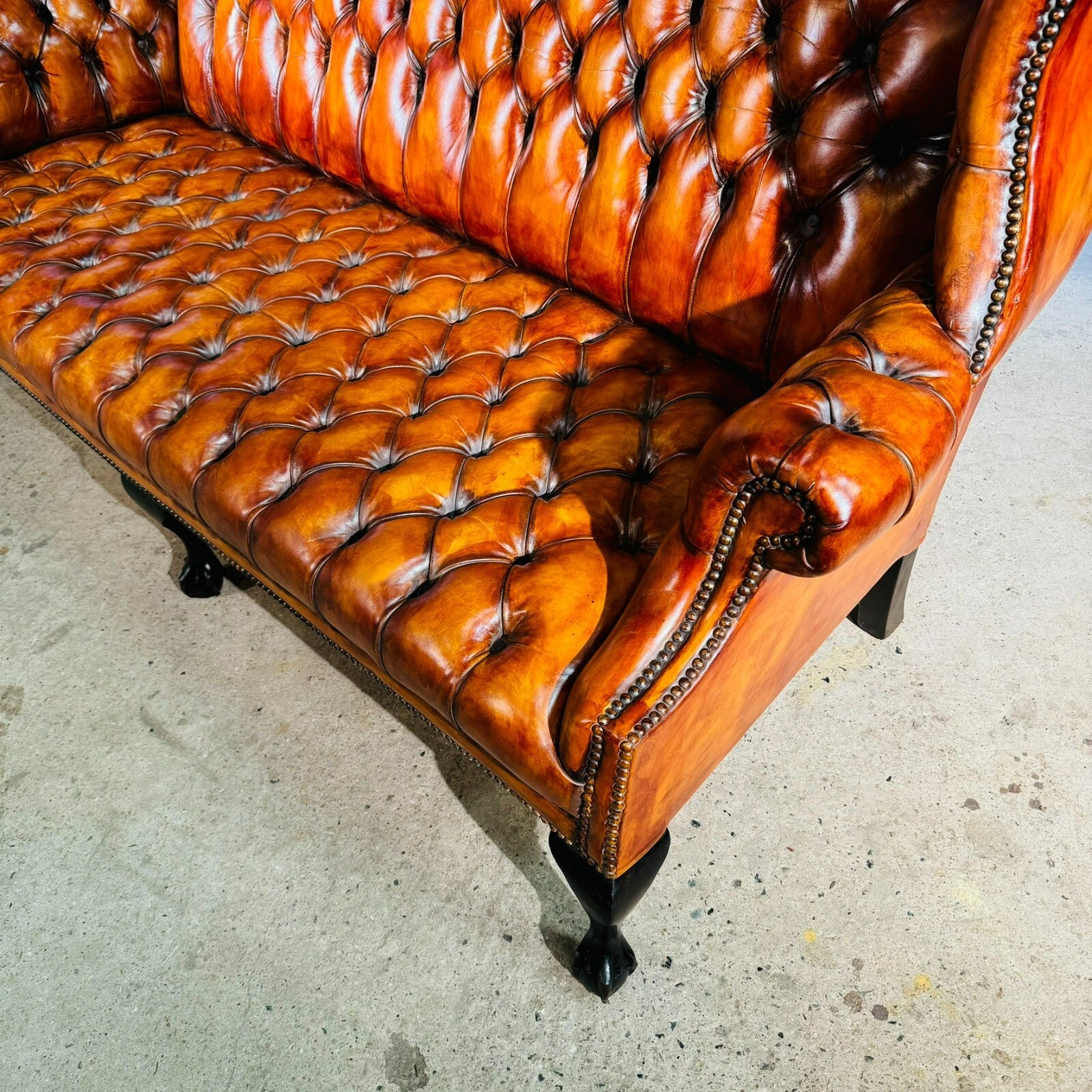 Beautiful Three Seater 19th C Tan Leather Chesterfield Sofa Fully Buttoned