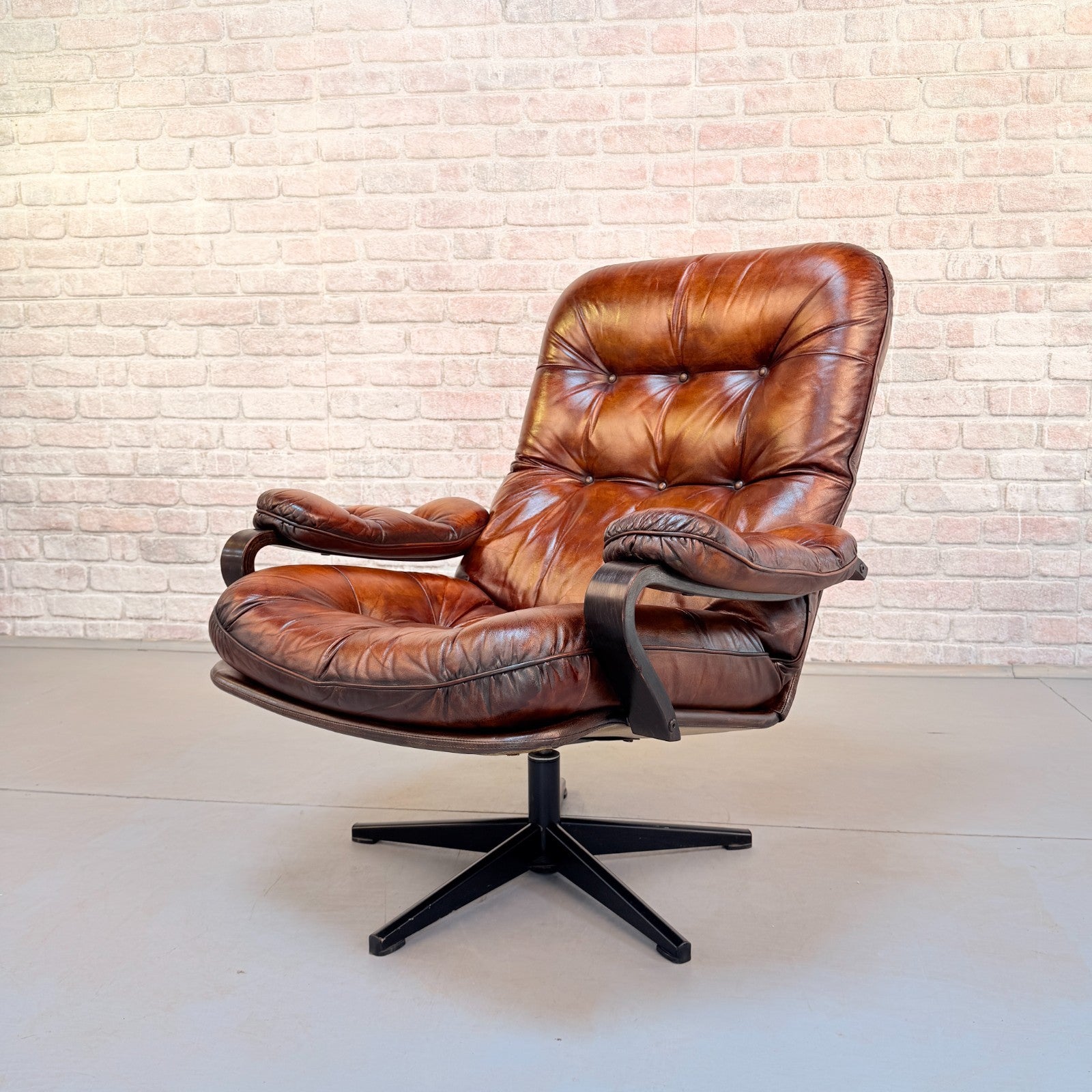 Vintage Danish Tan Leather Swivel Chair Hand Dyed Cognac Patina Lounge Chair
