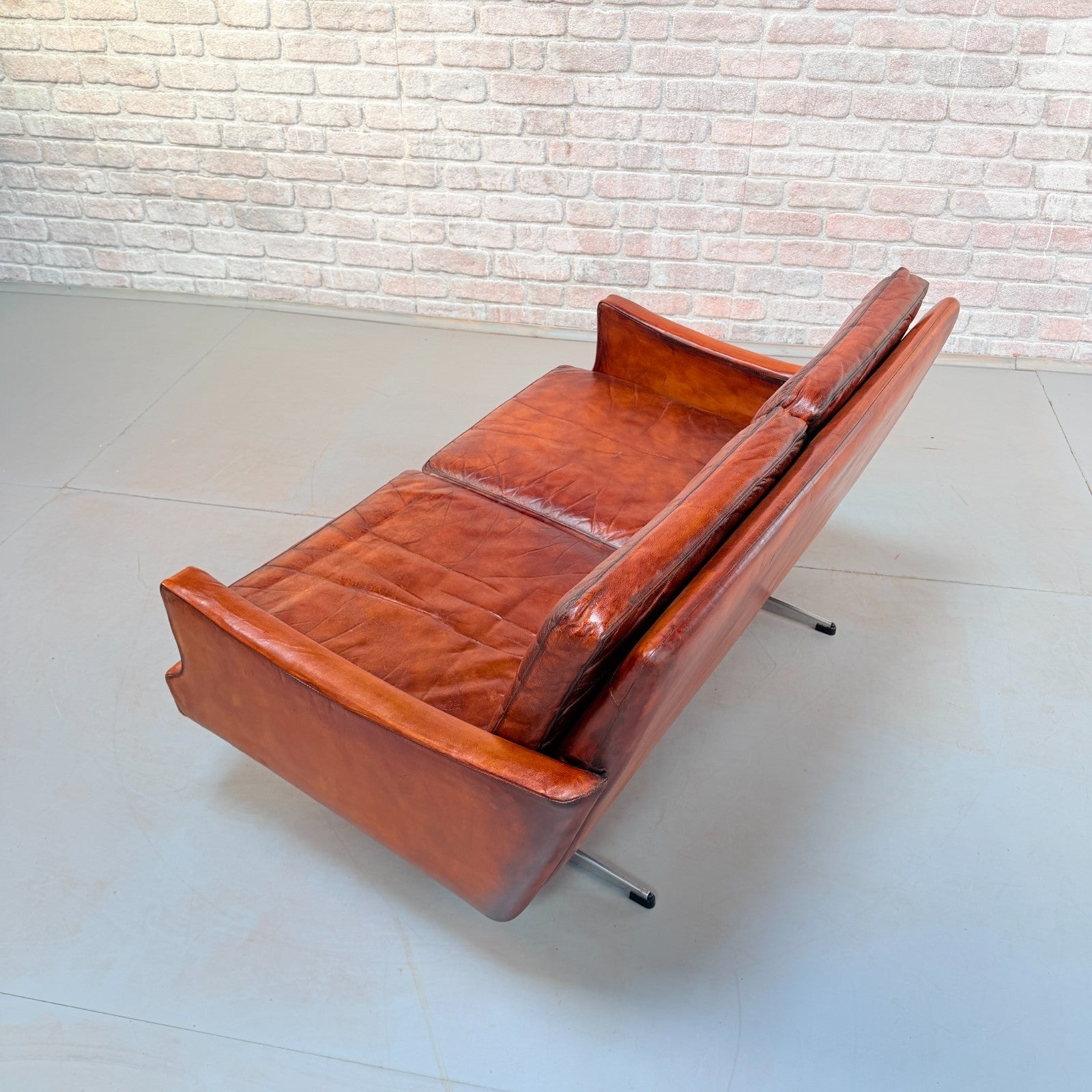Vintage 1970s Danish Cognac Hand-Dyed Leather Two Seater Sofa