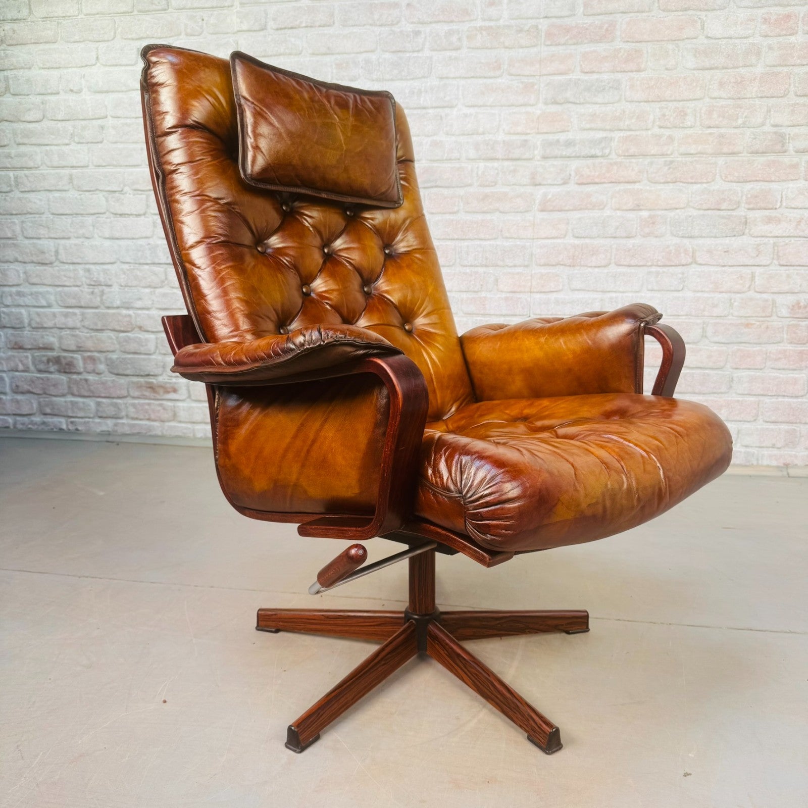 Vintage Scandinavian Tan Leather Swivel Chair