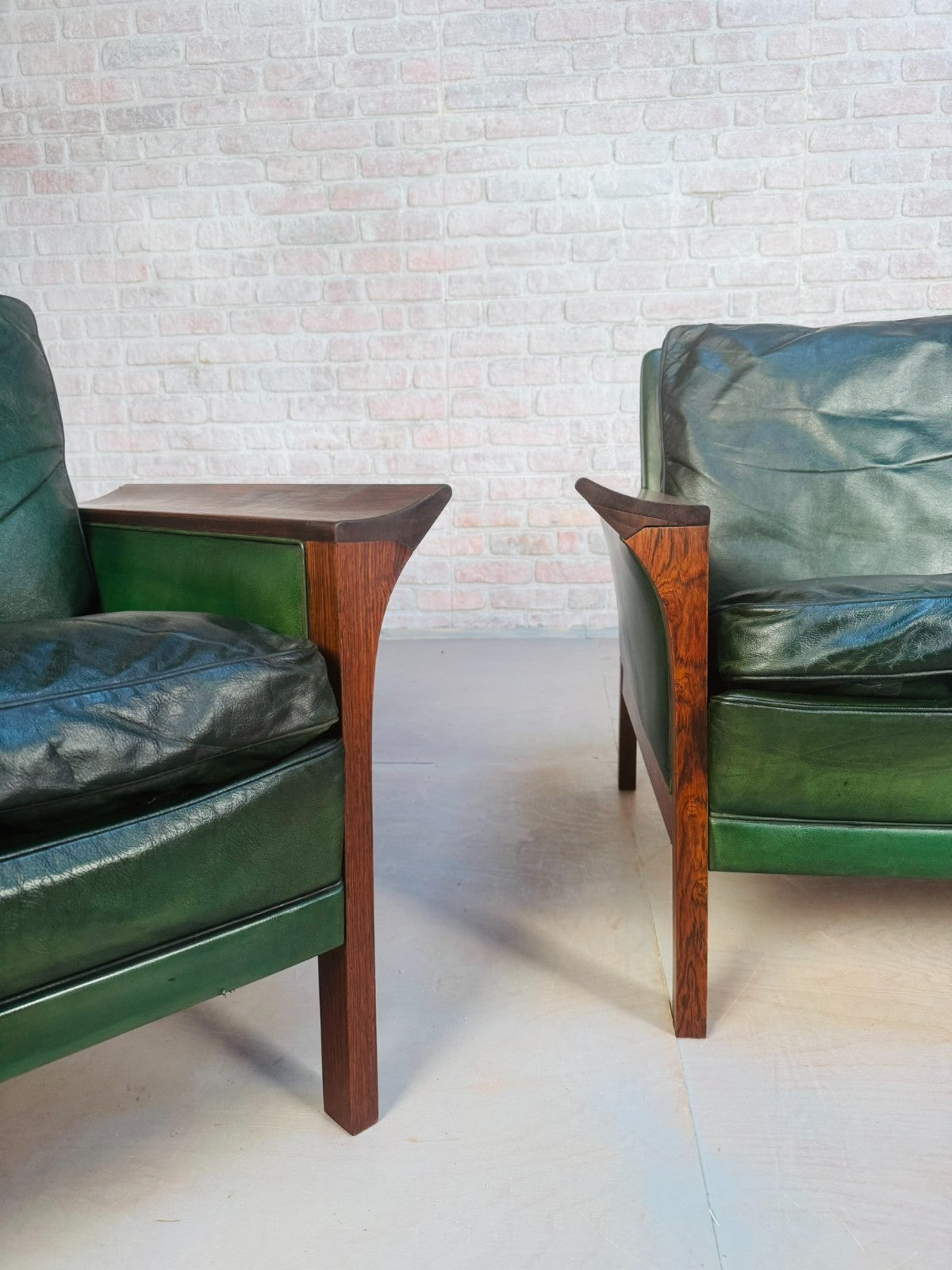 1960s Danish Green Leather Three-Seater Sofa & His & Hers Armchairs Golstrup