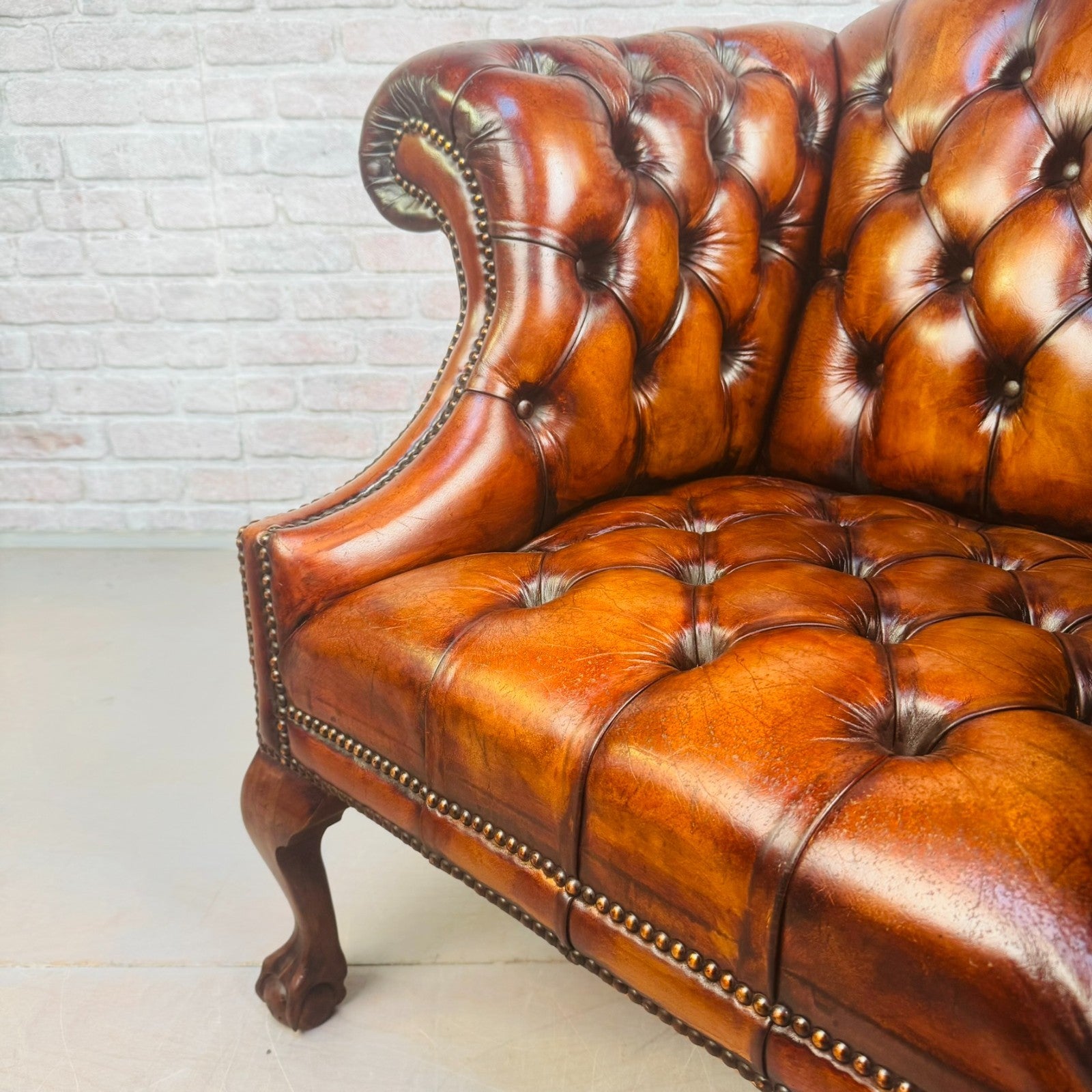 Vintage English Chesterfield Tan Leather Armchair Ball & Claw Mahogany Chair