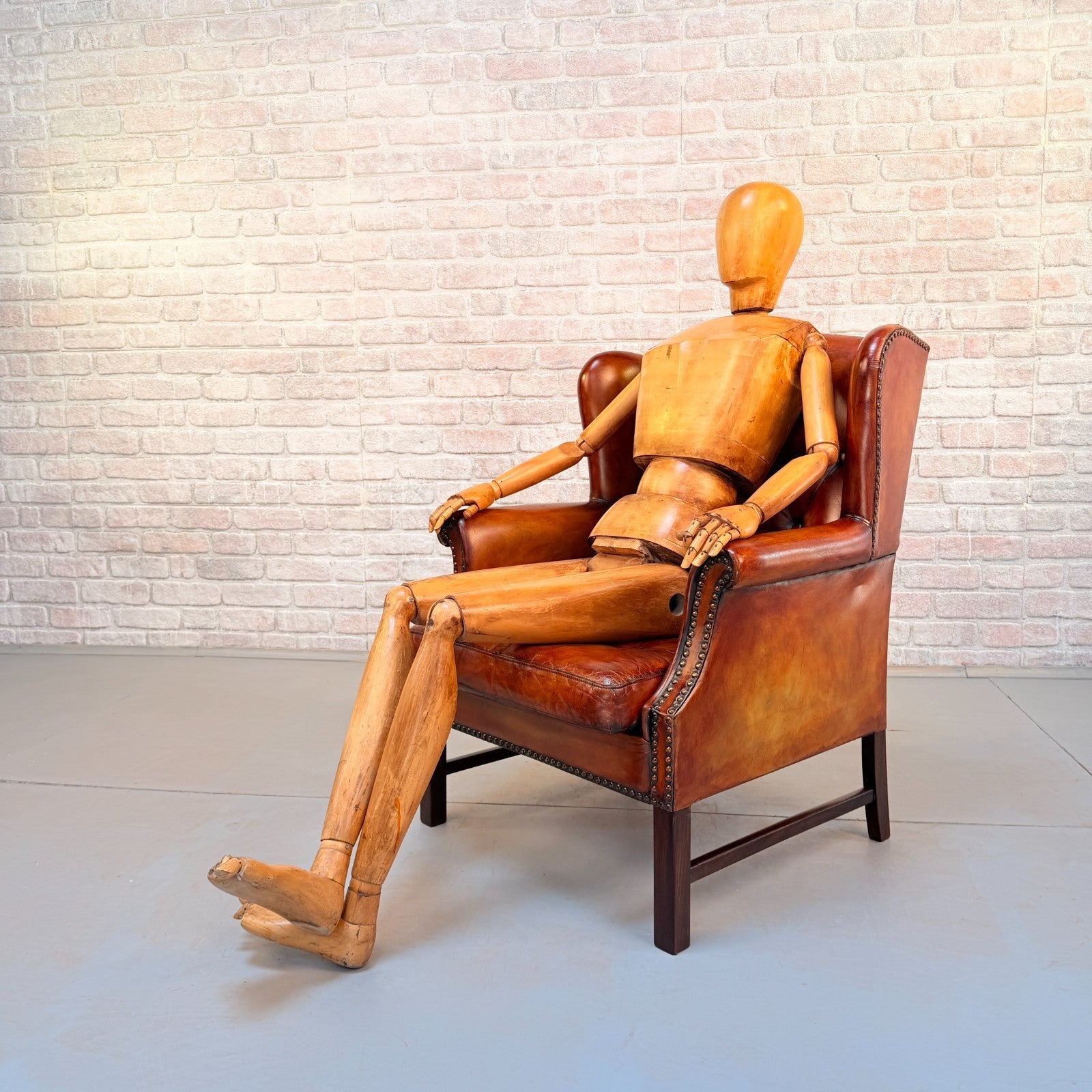 Vintage Danish Cognac Leather Wingback Armchair Hand Dyed Patina Chair