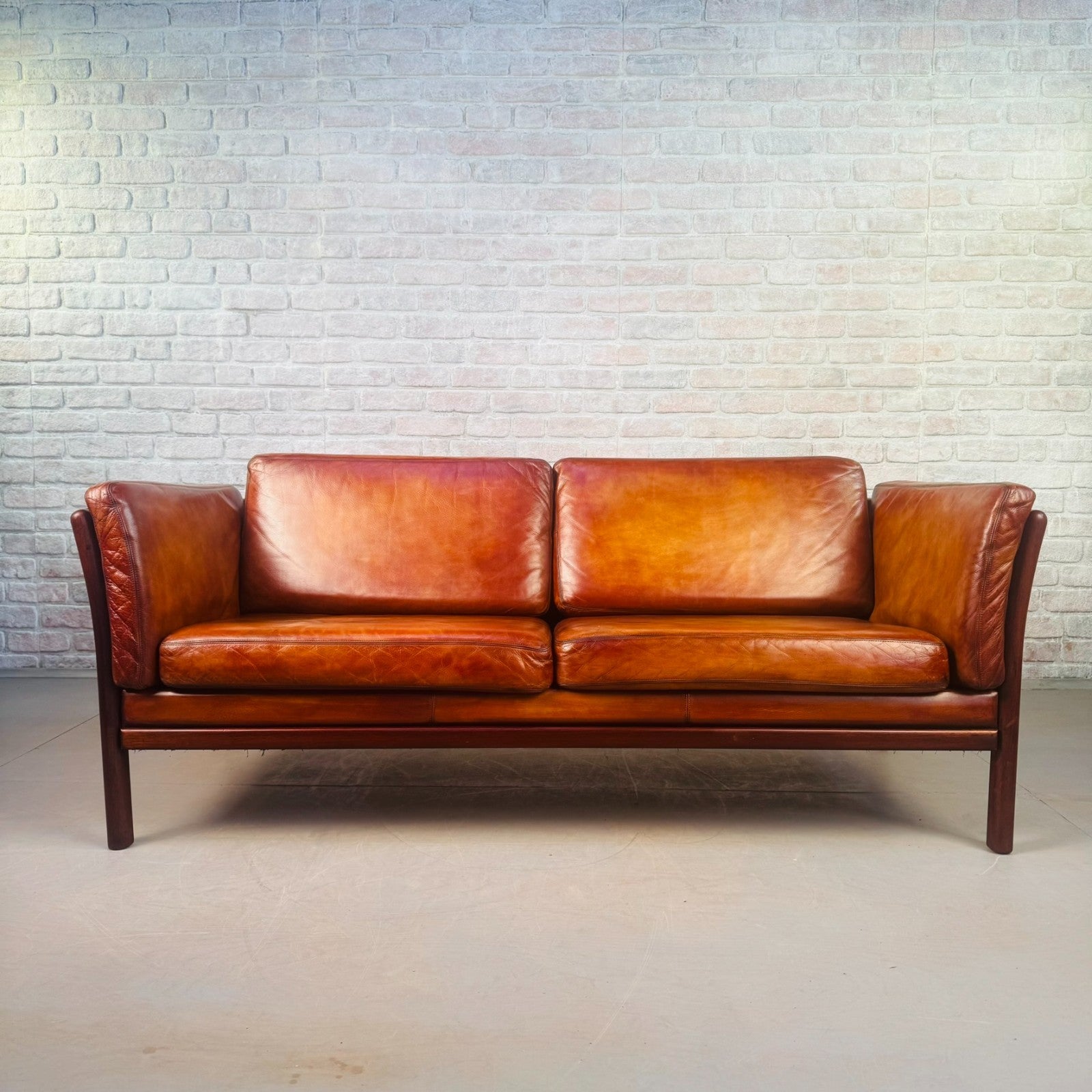 Vintage Danish 2.5 Seater Cognac Leather Sofa Beech Frame Mid Century