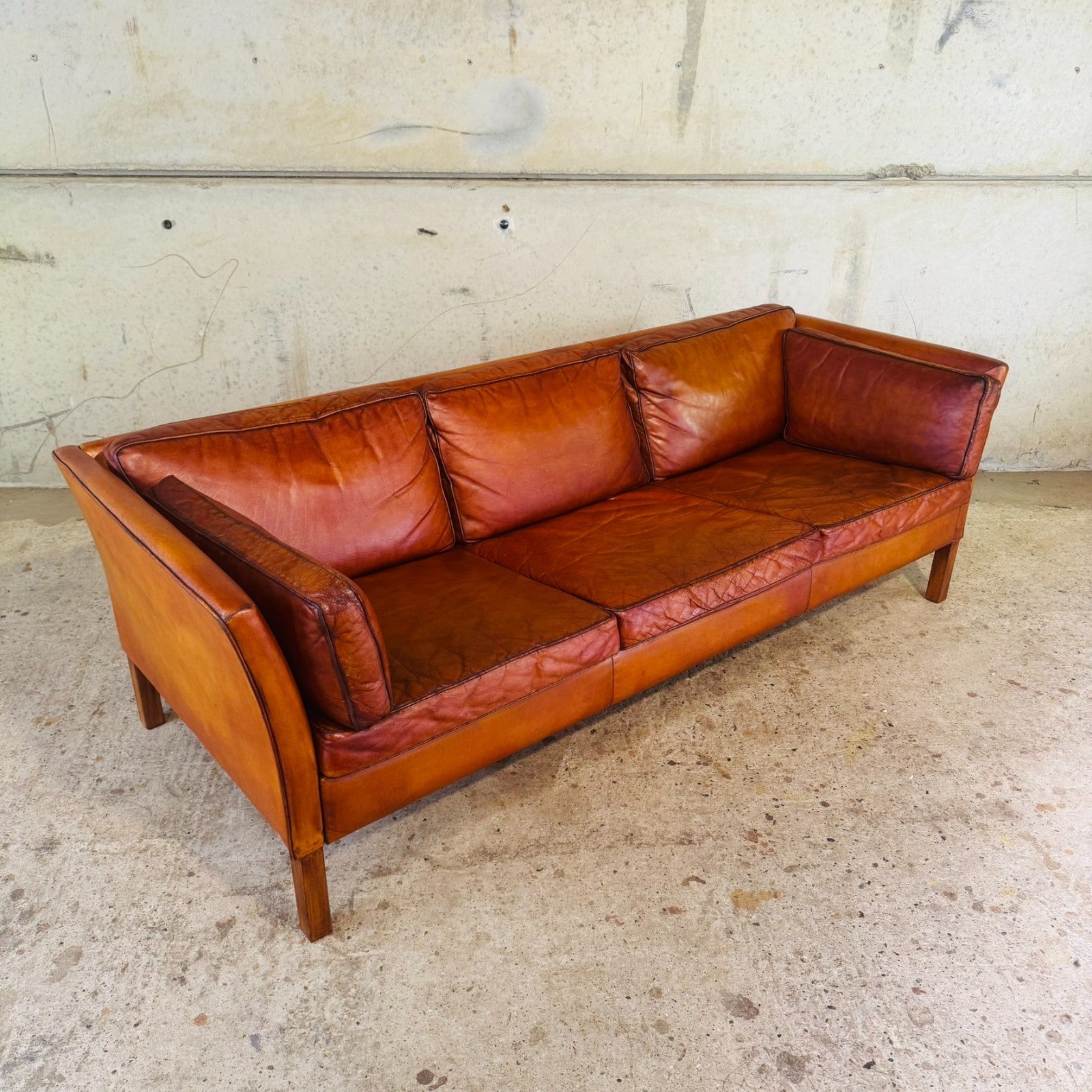 Stylish Danish 1970s Three-Seater Sofa in Cognac Leather